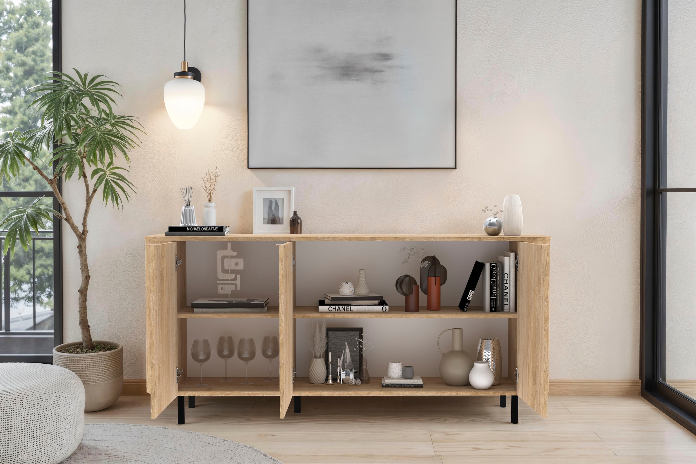 Home affaire Sideboard »Murano, 181 cm breit, 3 Türen, Anrichte, Kommode, Stauraumschrank« Formgebogenes MDF, Stirnseiten mit Rundung, Füße und Griffe aus Metall