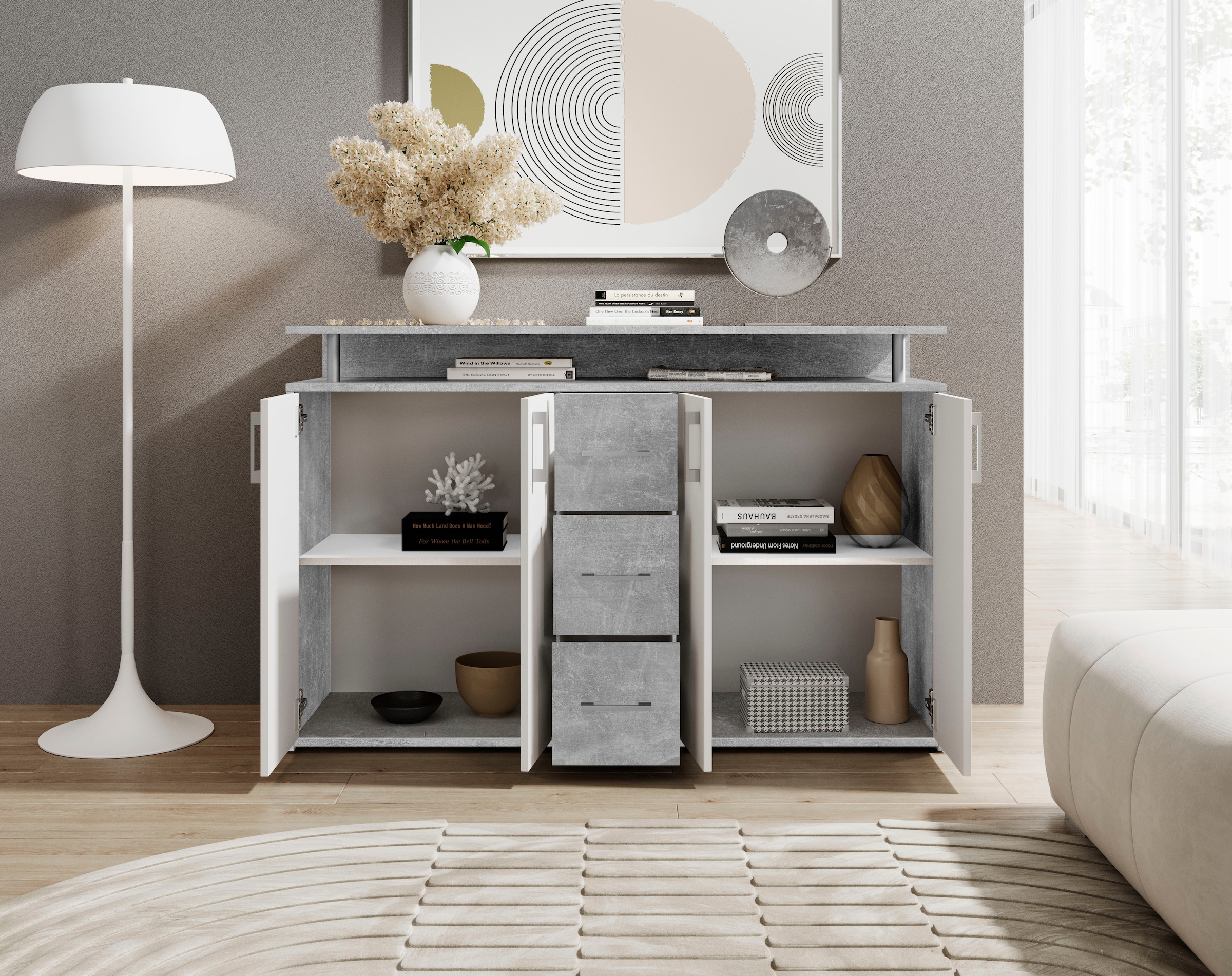 HBZ Sideboard »Drivno Sideboard, B/H/T 139x90x34 cm«, Breite 139cm, Kugelauszug, Einlegeböden verstellbar, 3 Schubkästen