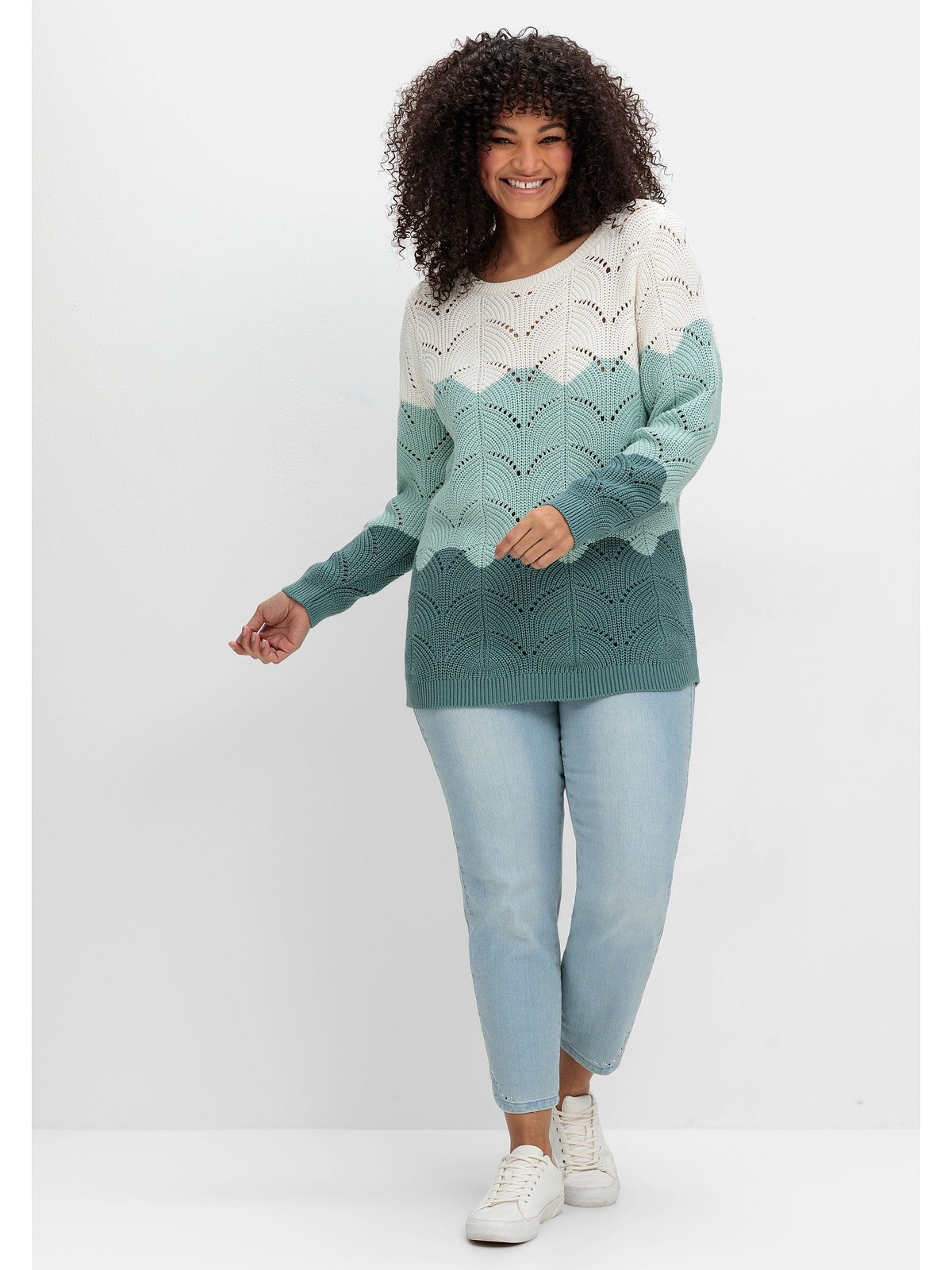 Sheego Rundhalspullover »Große Größen«, im Ajourstrick, mit Colourblocking