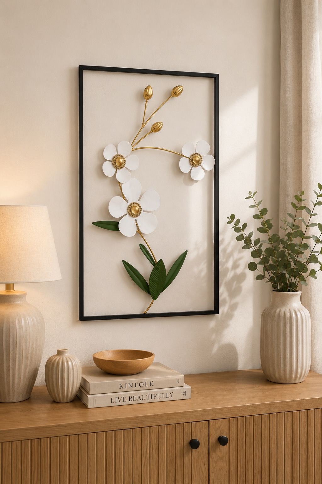 OTTO home Wanddekoobjekt »Wanddeko Blüten, weiß-goldfarben-grün, schwarzer Metallrahmen« Wohnaccessoire aus Metall für jeden Wohnstil, 40x60cm