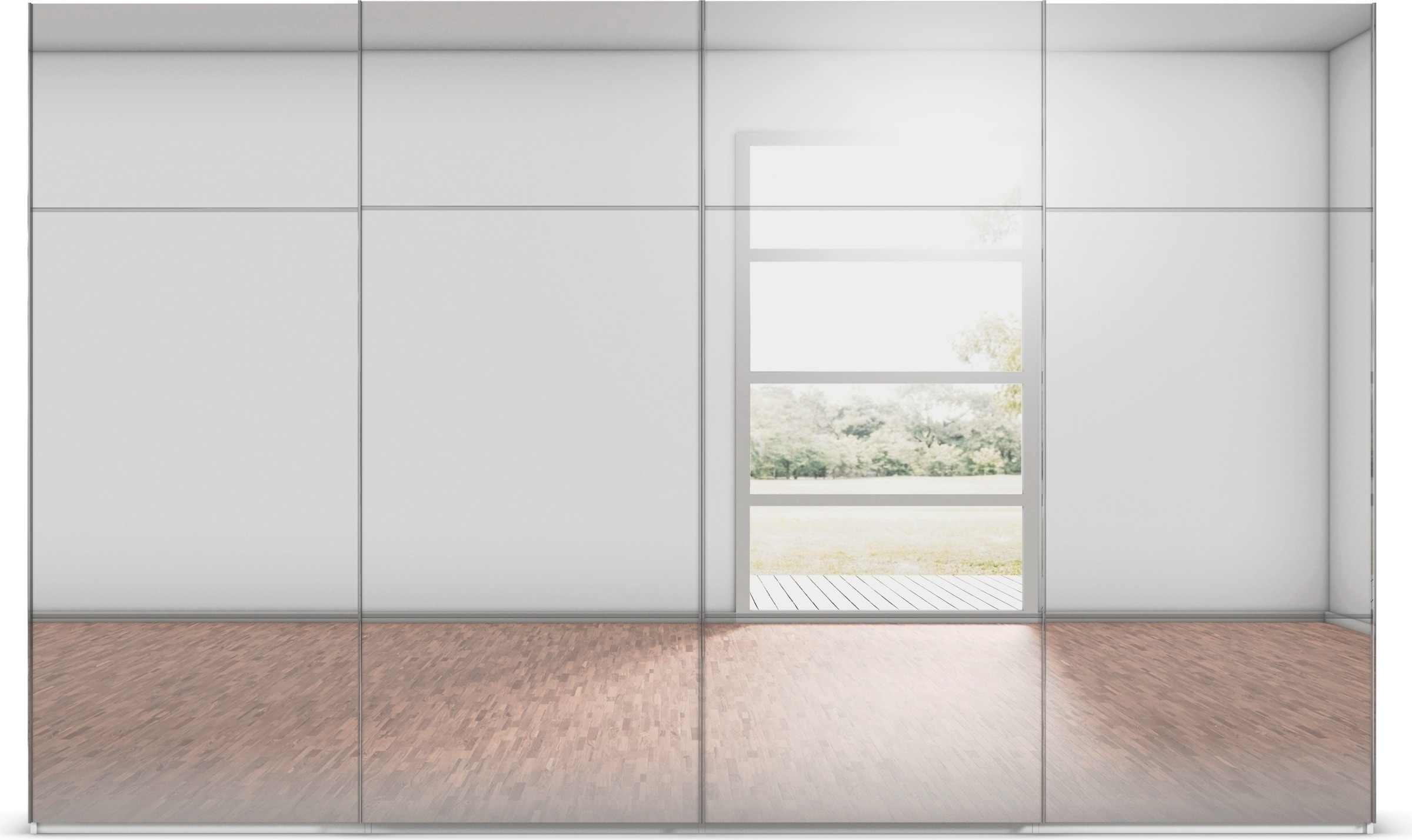 rauch Schwebetürenschrank »Kleiderschrank Schrank Garderobe Schlafzimmerschrank SCALE-TRIO«, edle dreigeteilte Front mit 2 Zierleisten Spiegelfront MADE IN GERMANY