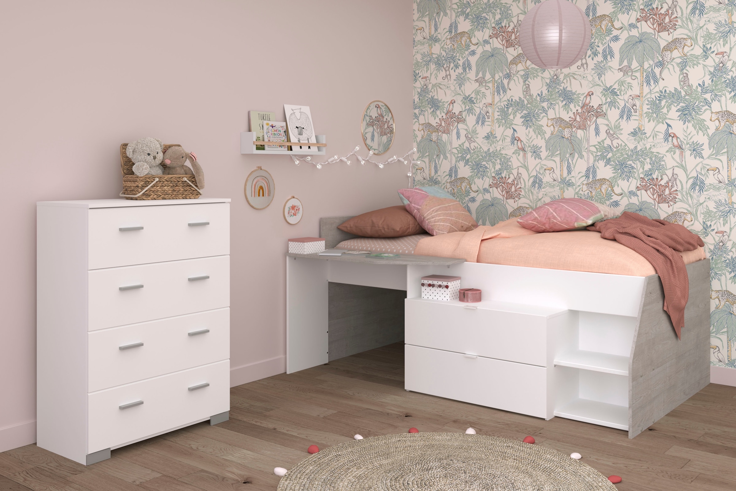 Parisot Jugendzimmer-Set »Parisot Milky 16«, (2 tlg.), viel Stauraum, halbhohes Hochbett