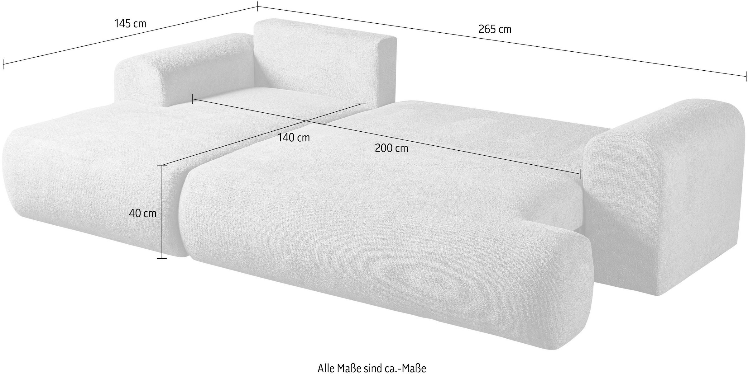 WERK2 Ecksofa »Ewela 265 cm breit organisches Design & Komfort, mit Bett & Bettkasten« Bouclé, L-Form, Schlaffunktion, Bettkasten