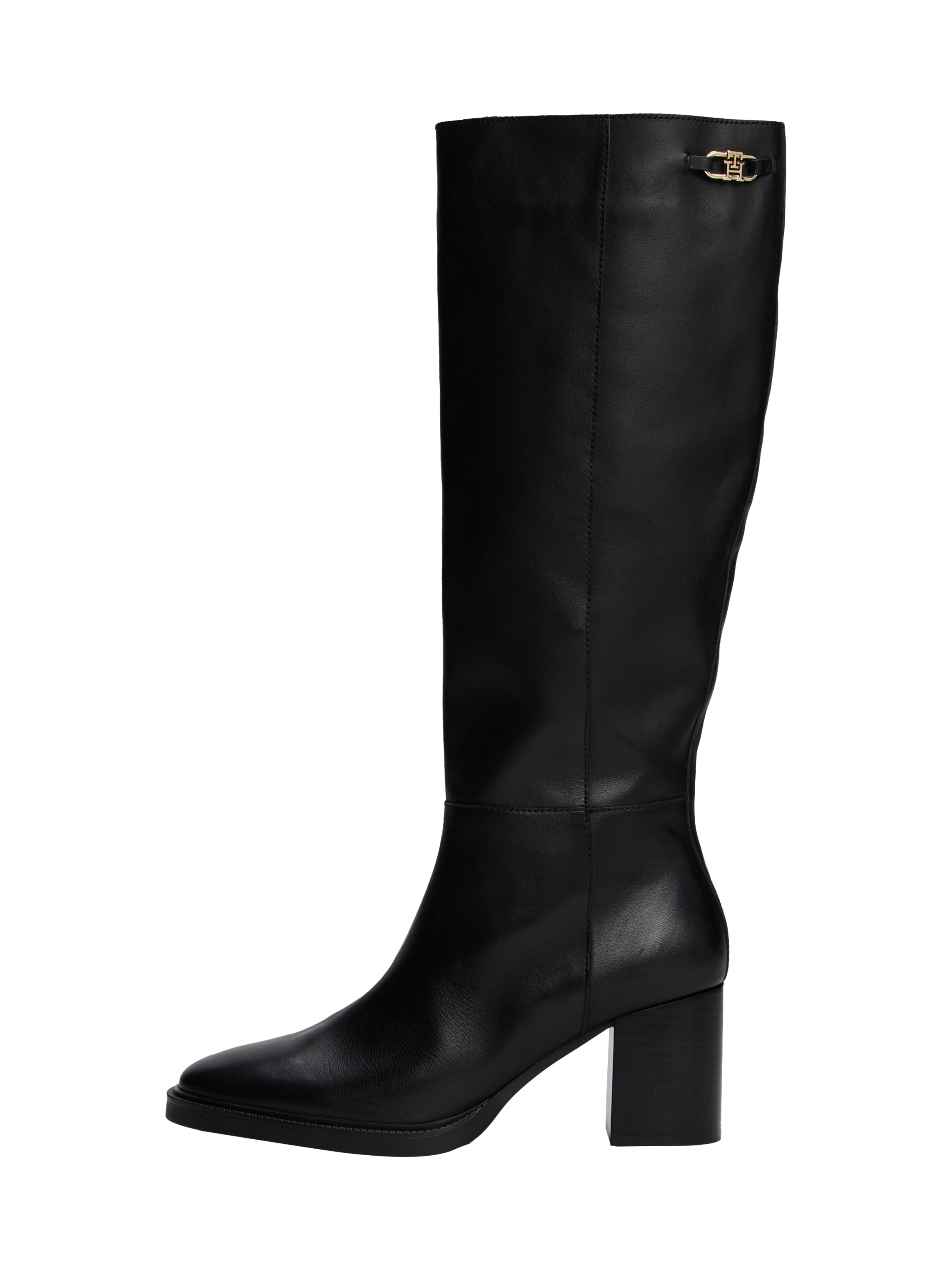 Tommy Hilfiger Stiefel »STACKED HEEL LEATHER LONG BOOT«, Blockabsatz, Langschaftstiefel mit goldfarbenem Logo-Schmuckelement