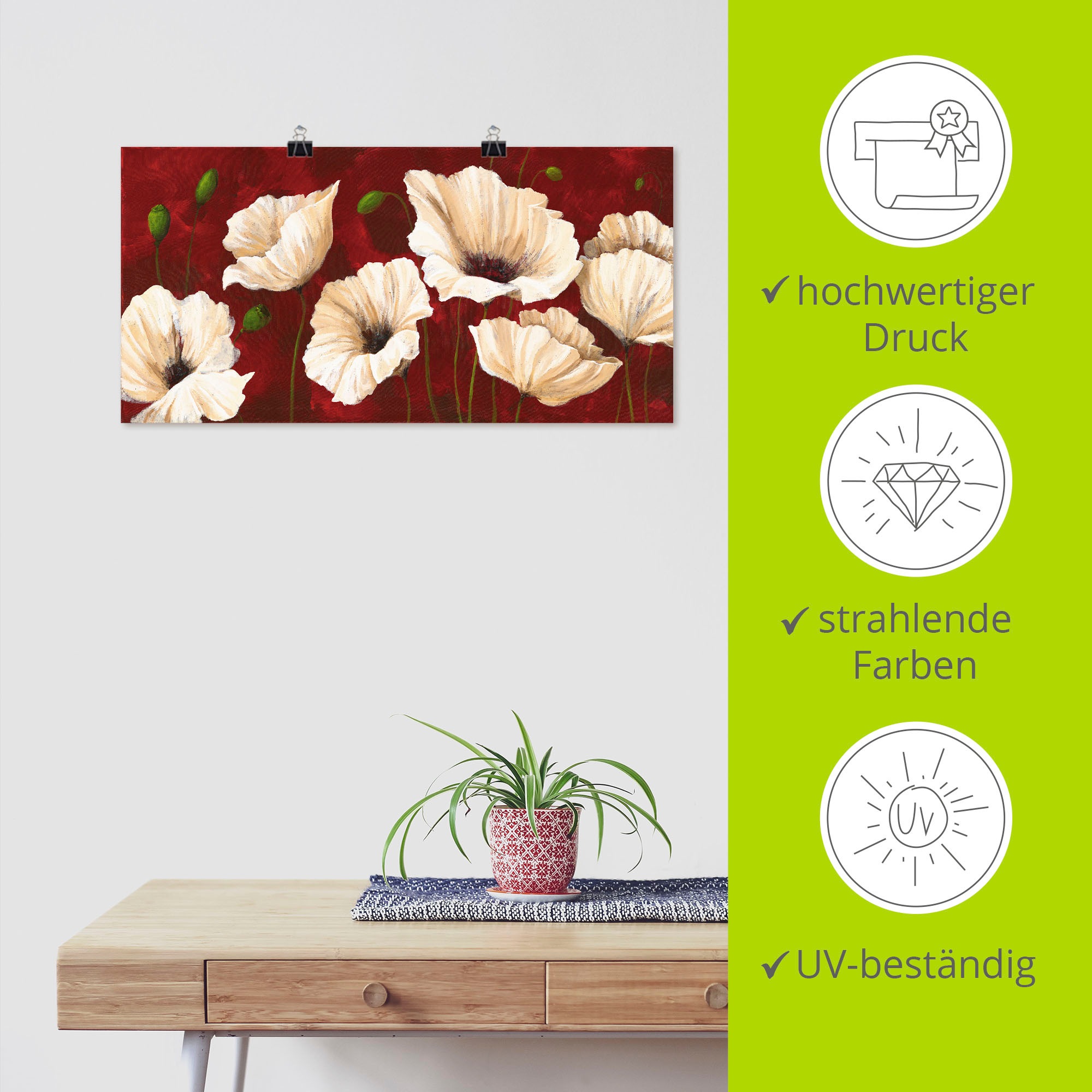 Artland Wandbild »Weiße Mohnblumen vor rot«, Blumen, (1 St.), als Alubild, Outdoorbild, Leinwandbild, Poster, Wandaufkleber
