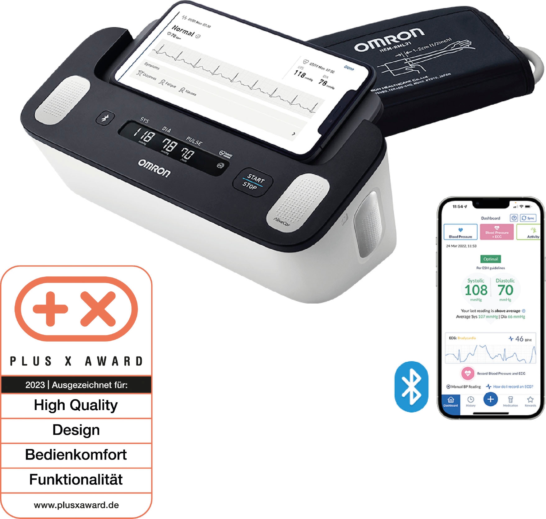 Omron Blutdruckmessgerät »Complete smartes Blutdruck- & EKG-Messgerät«, JETZT mit 1 Jahr OMRON connect Premium Abonnement GRATIS
