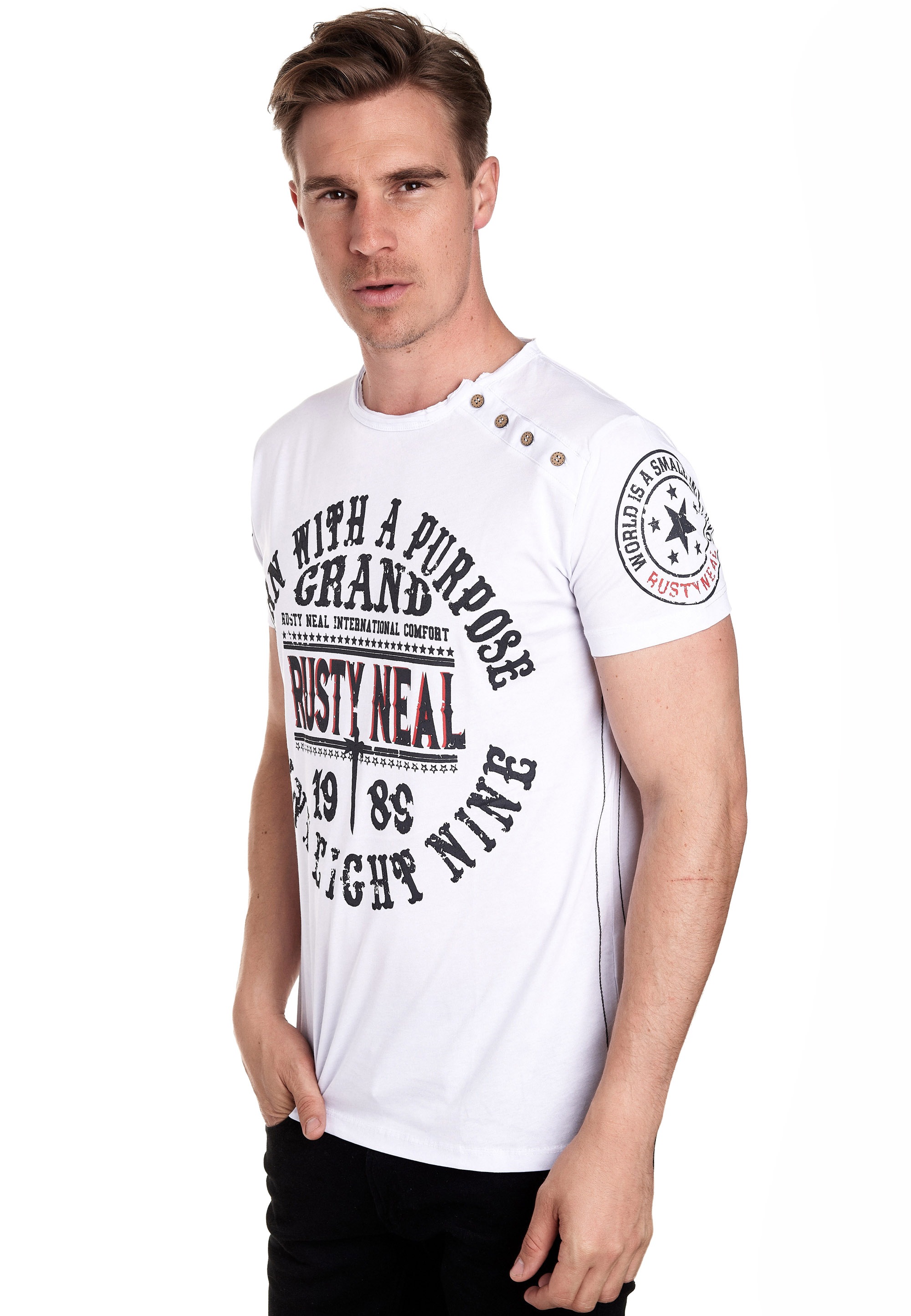 Rusty Neal T-Shirt, mit seitlicher Knopfleiste