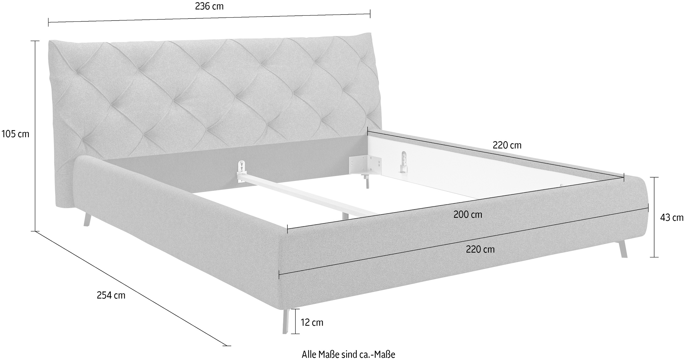 Leonique Polsterbett »Elloree, in 4 Breiten bis 200cm, auch in Leder«, Kopfteilhöhe 105 cm, belastbar bis 280 kg, auch in Überlänge 220cm
