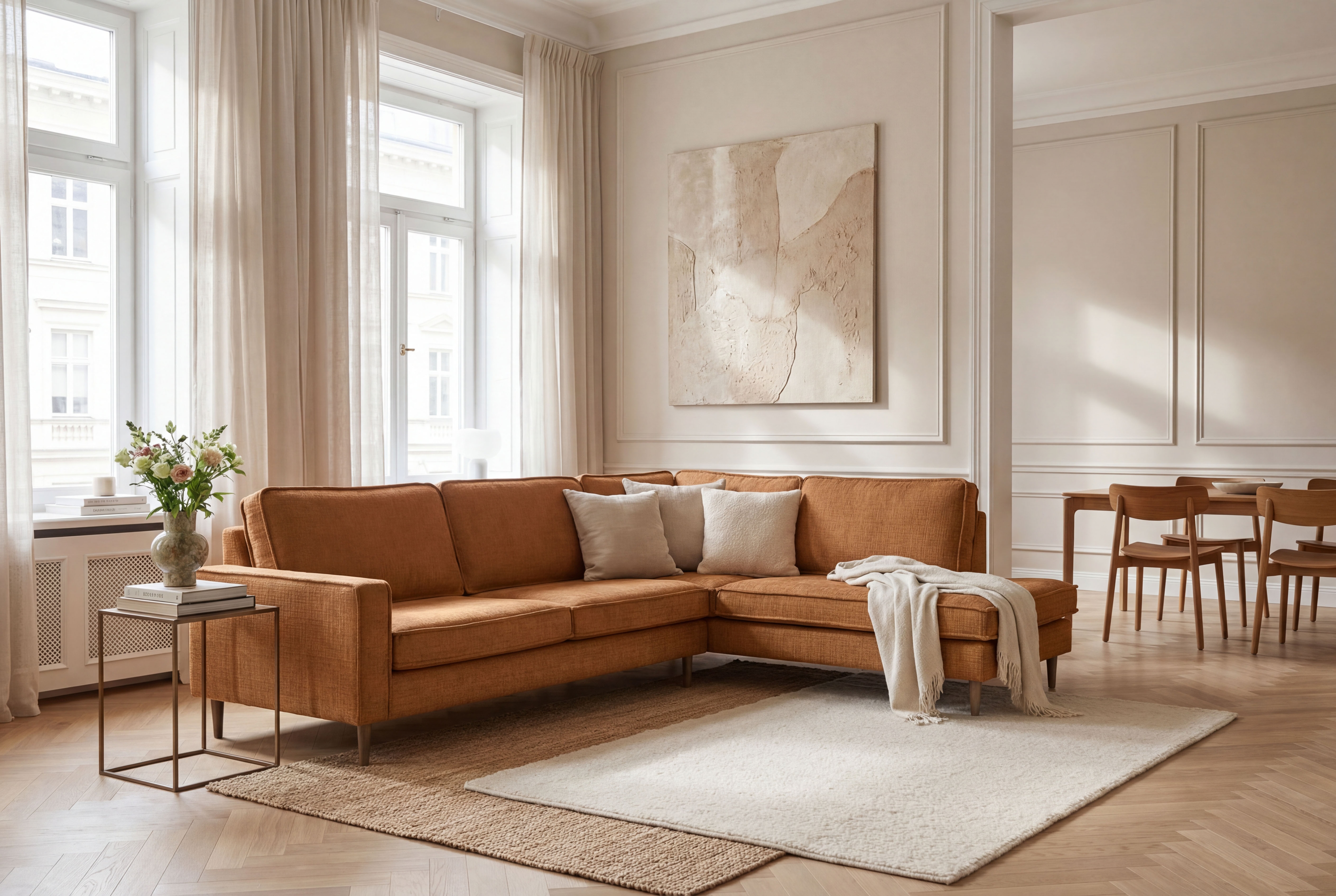 OTTO home Ecksofa "Pinto Skandi, 290 cm, Chenille, Struktur, Ottomane links / rechts" mit Keder, Massivholzfüße Eiche geräuchert, Wellenunterfederung