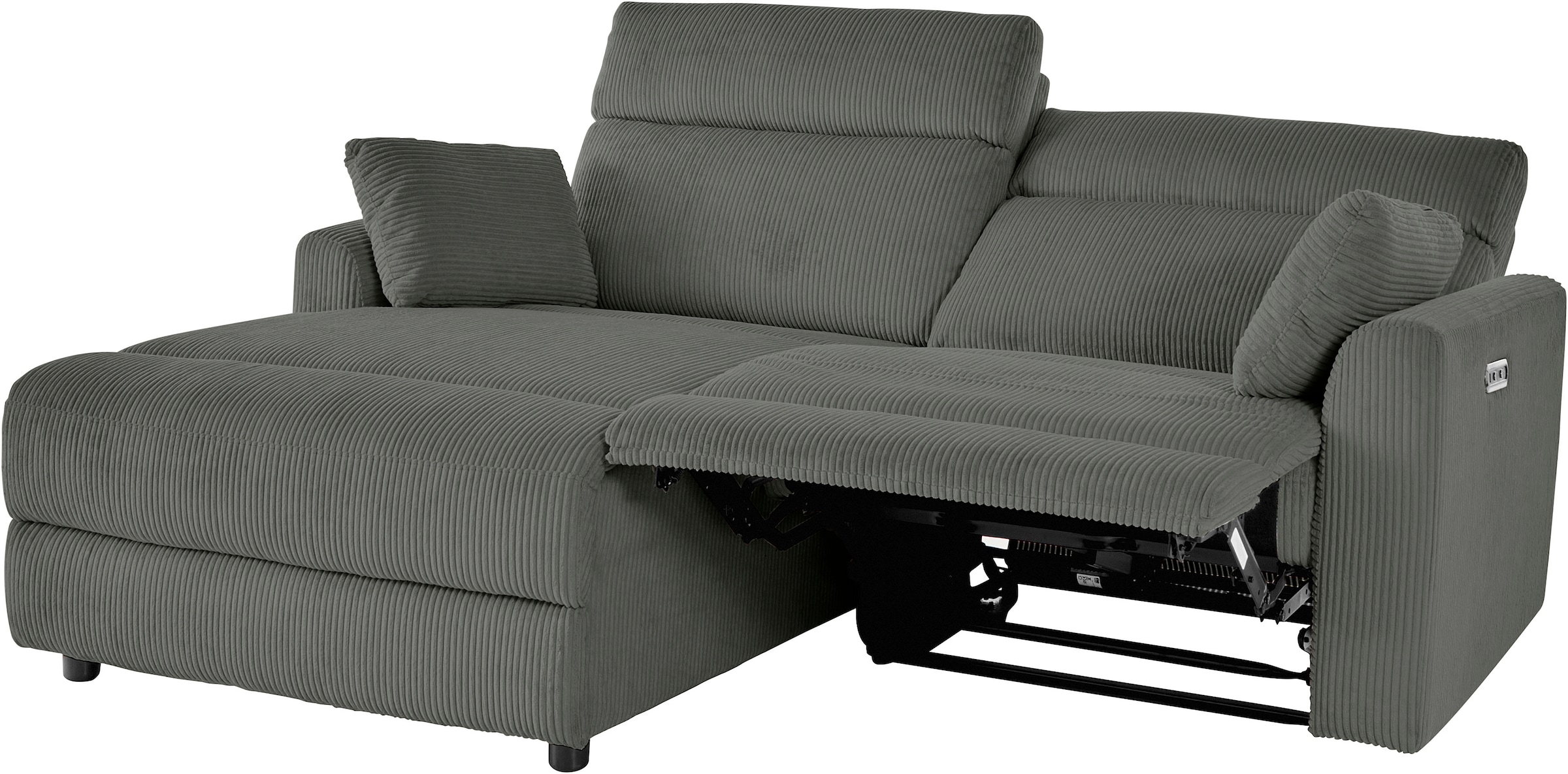 INOSIGN Ecksofa »JENNA, L-Form, 209cm, manuelle u. elektrische Funktion, mit USB A/C,«, Liegefunktion 105°-150°, Federkern, Cord