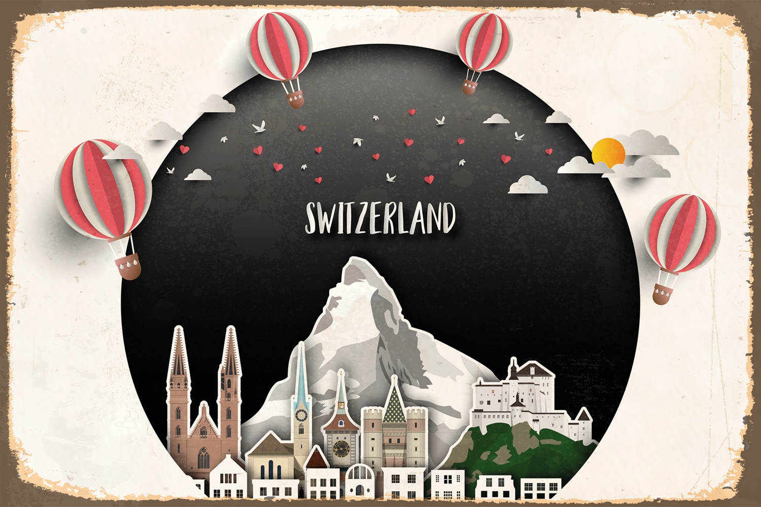 queence Metallbild "Switzerland City", Schweiz, Schweiz, Stahlschilder, Ski
