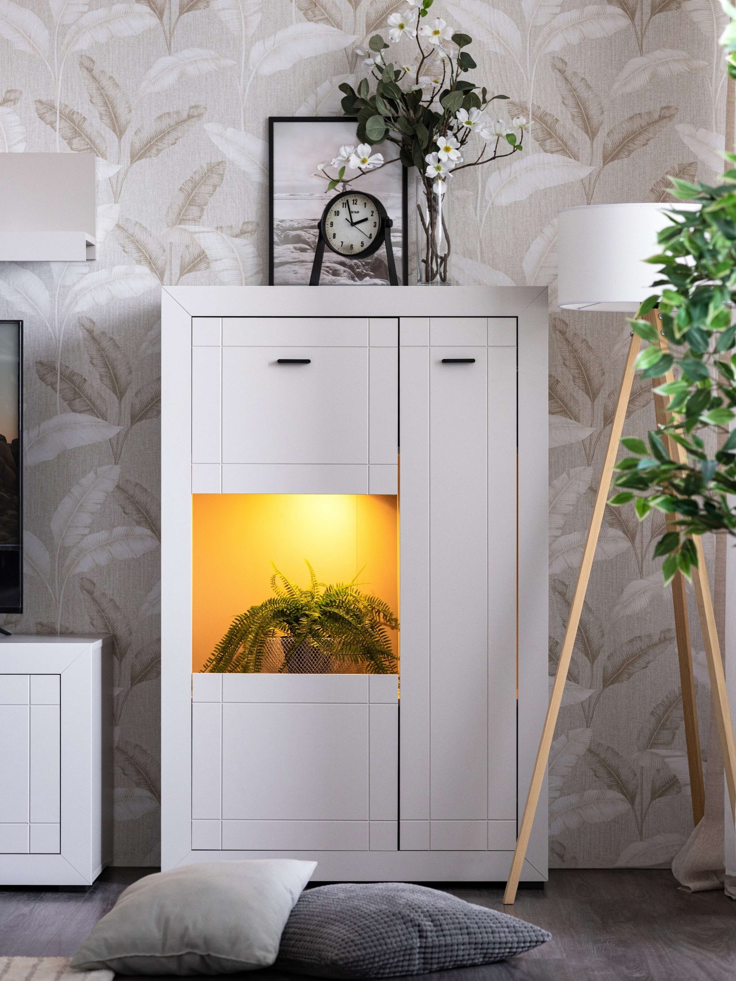 Home affaire Highboard »Warwick, Hochkommode, Vitrine, Glasvitrine, Kombi-Highboard« Modernes Highboard: Kaschmir-Dekor, 2 Türen, Heißfolienprägung