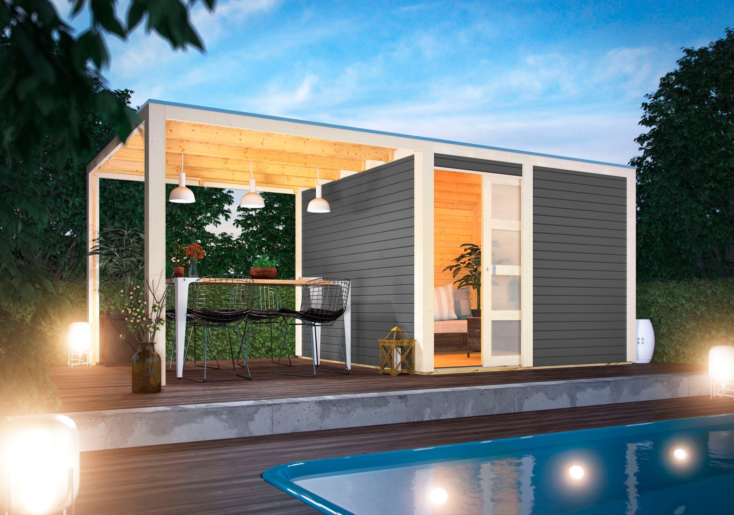 Karibu Gartenhaus "Quellsee 2" mit Anbaudach, naturbelassen oder terragrau günstig online kaufen