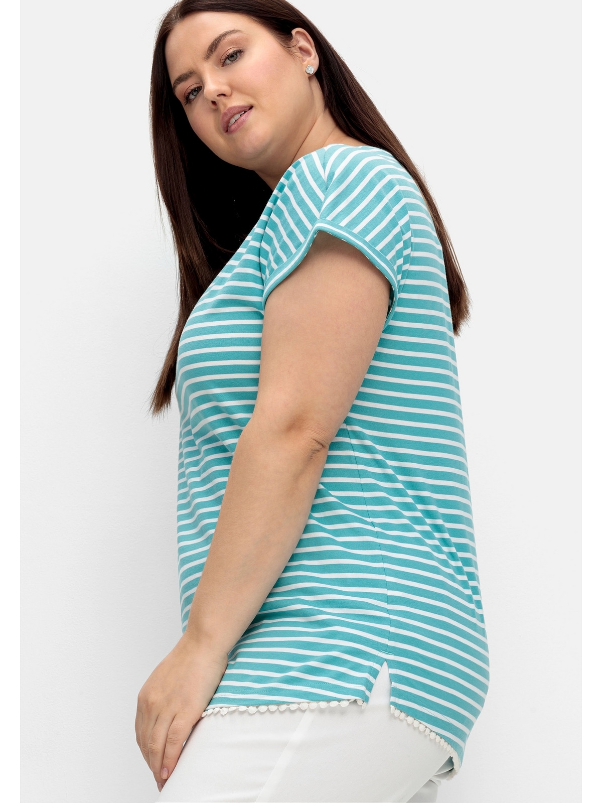 Sheego Oversize-Shirt | garngefärbten BAUR Größen«, kaufen online Saum und Ringeln Dekokante mit am »Große