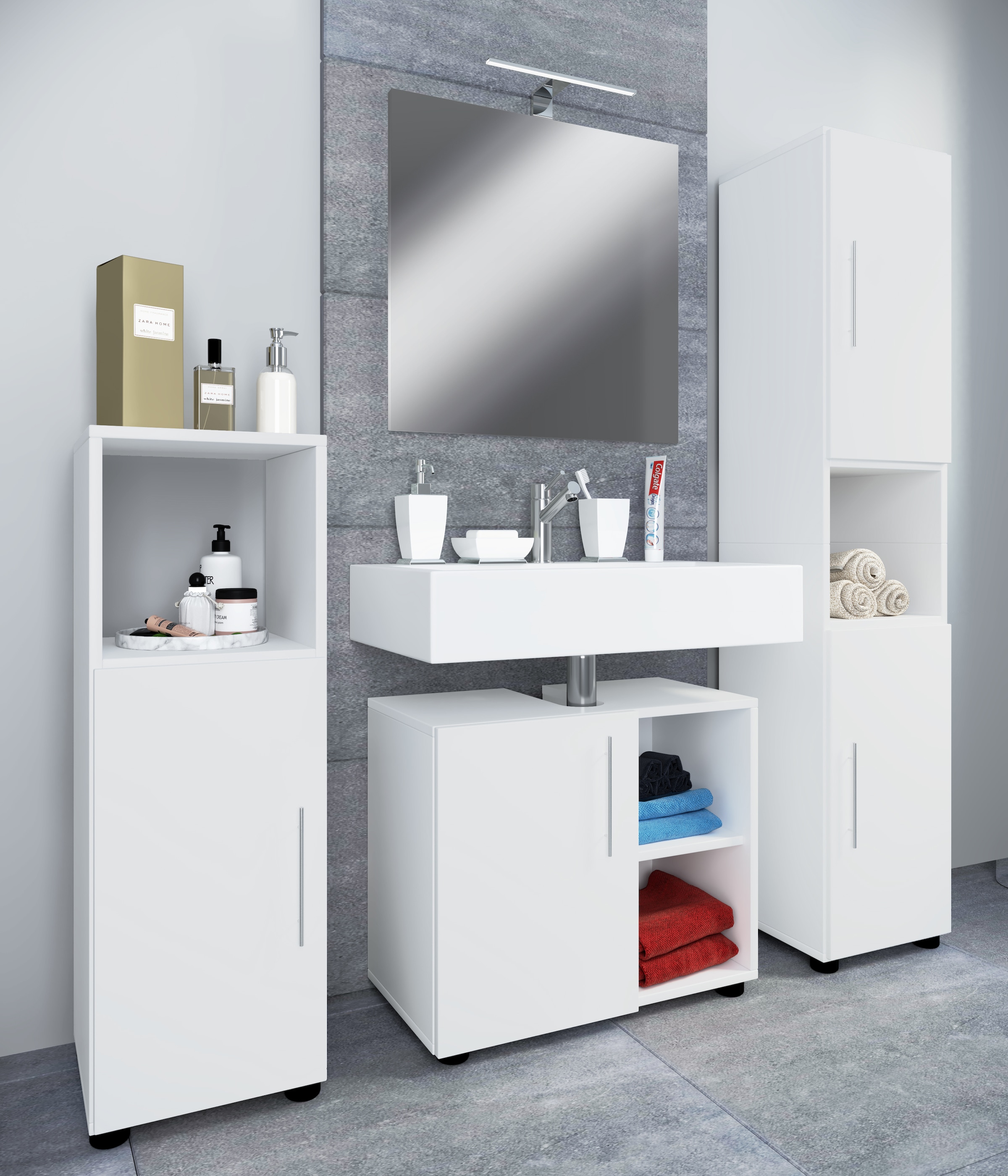VCM Waschbeckenunterschrank »VCM 4-tlg. Badmöbelset | Badmöbel | Set aus Unterschrank, Midischrank, Hochschrank und Spiegel | Badezimmermöbel ¿ Flandu III«, (4 St.)