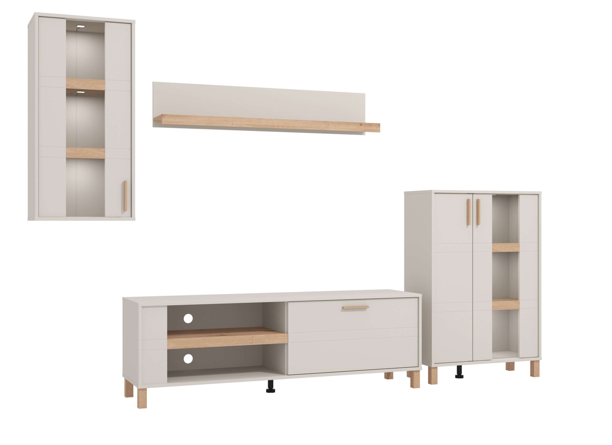 Home affaire Wohnwand »Sheffield, inkl. TV-Board, Highboard, Hängevitrine und Wandregal«, (Komplett-Set, 4 St.), Getöntes Glas, 2D-beschichtetes MDF-Profil, Heißprägedetails