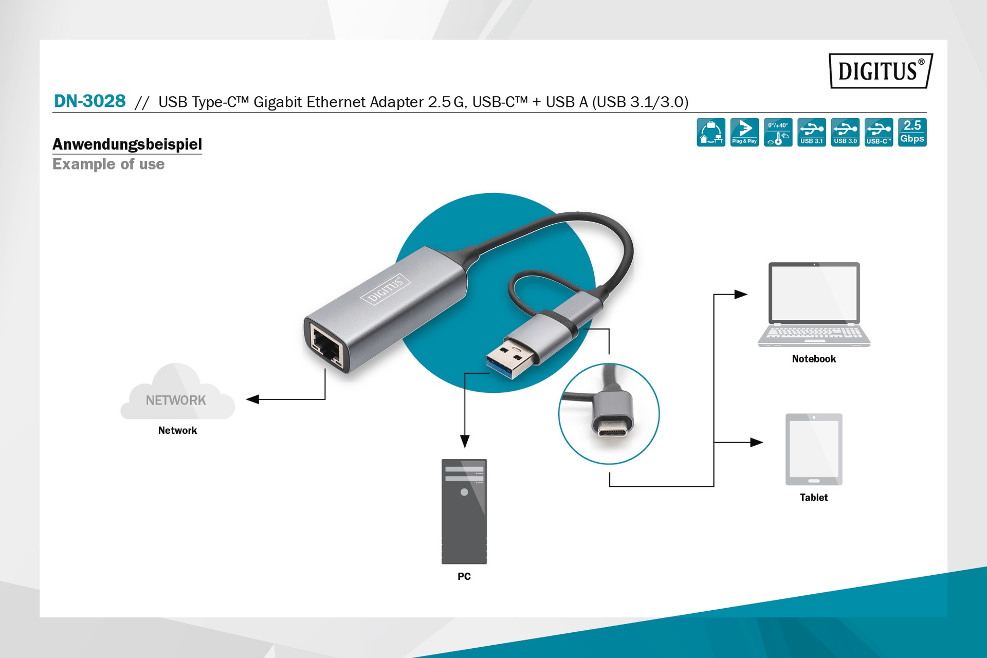 Digitus Netzwerk-Adapter »USB-C Gigabit Ethernet Adapter 2.5G, USB-C + USB A«, 15 cm
