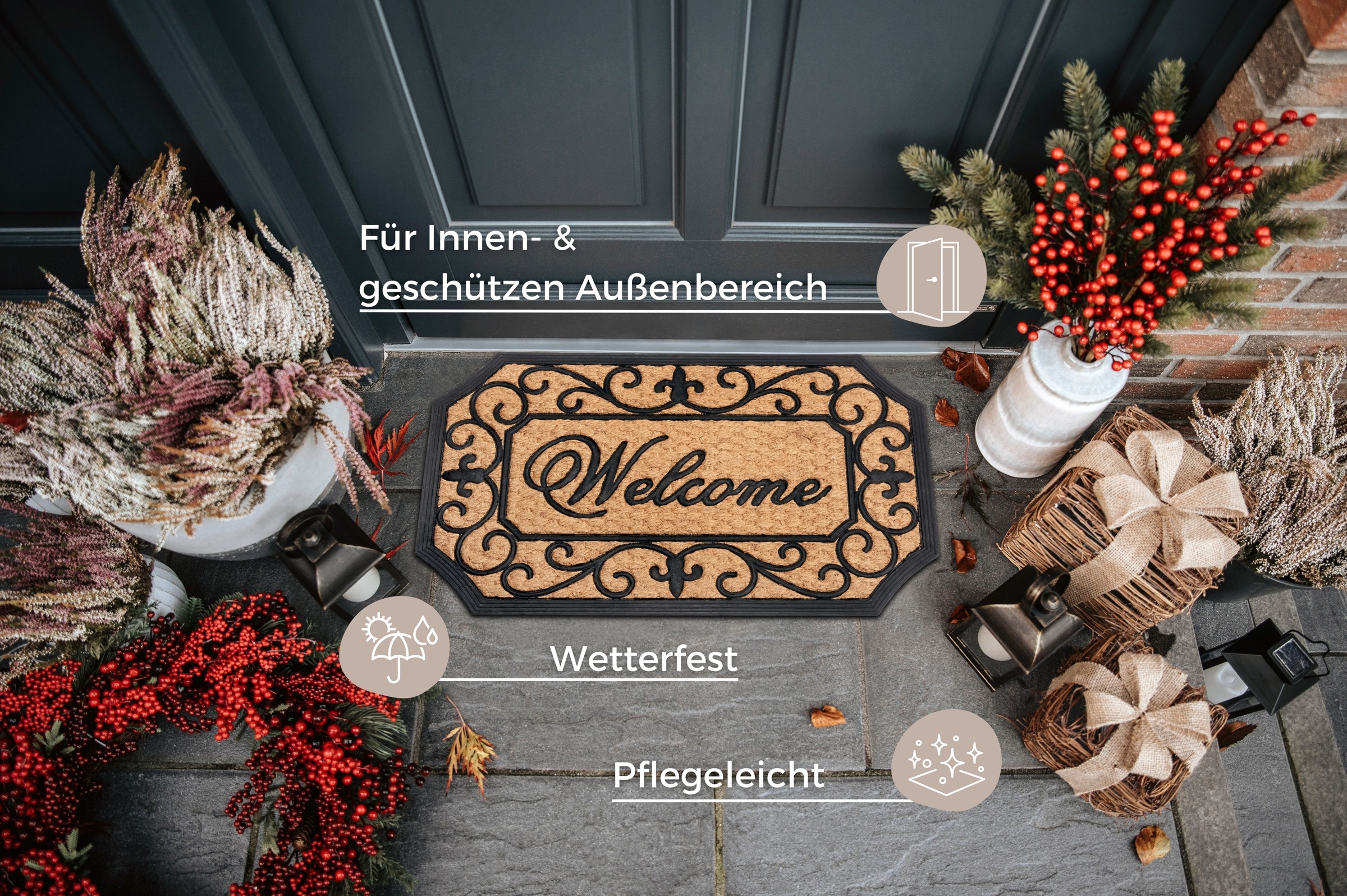 HANSE Home Fußmatte »Gummi-Kokos Braided Classic Welcome Ornament, Türmatte«, rechteckig, 8 mm Höhe, Kokos, Gummi, Schmutzfangmatte, Outdoor, Rutschfest, Innen, Kokosmatte