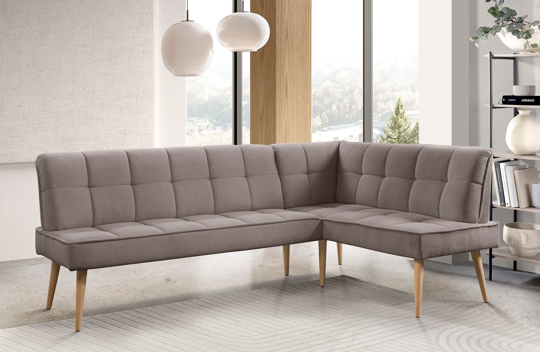 Eckbank EXXPO - SOFA FASHION "Latte", latte, B:234cm H:95cm T:156cm, 94% PES, 6% NY, Sitzbänke, Eckbank, moderne Sitz- und Rückensteppung, bequem und elegant, hoher Holzfuß