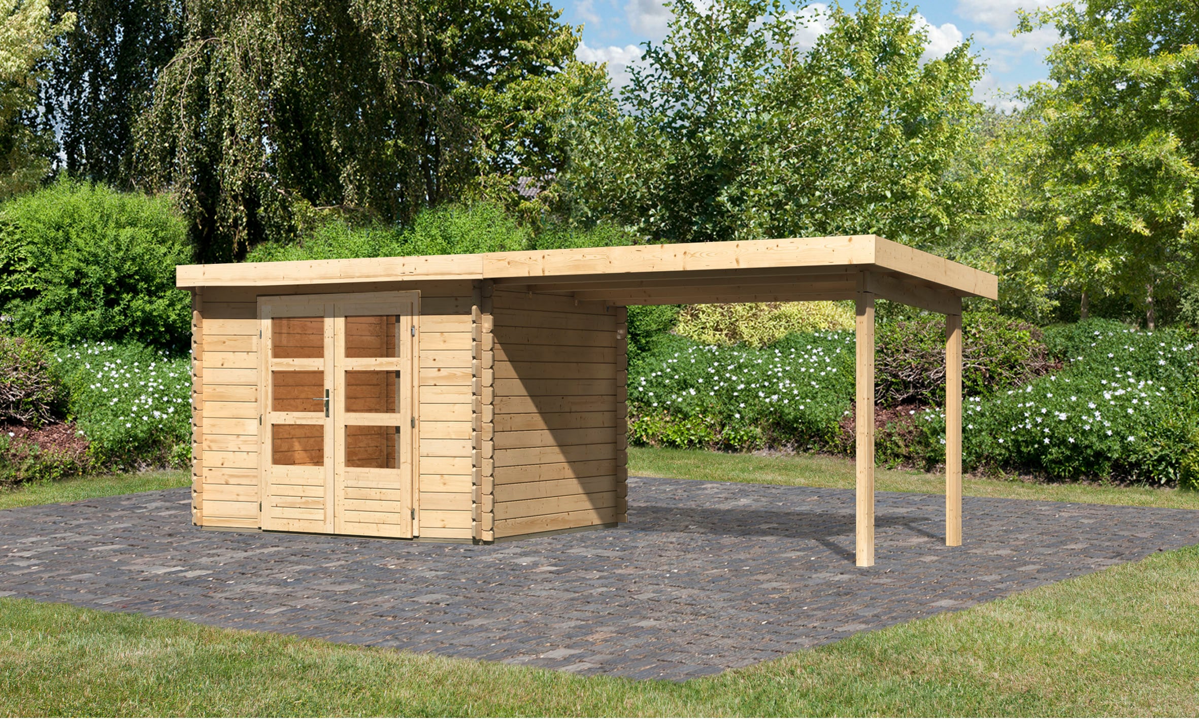 Karibu "Schloßsee 3" terragrau oder natur, mit Anbaudach günstig online kaufen