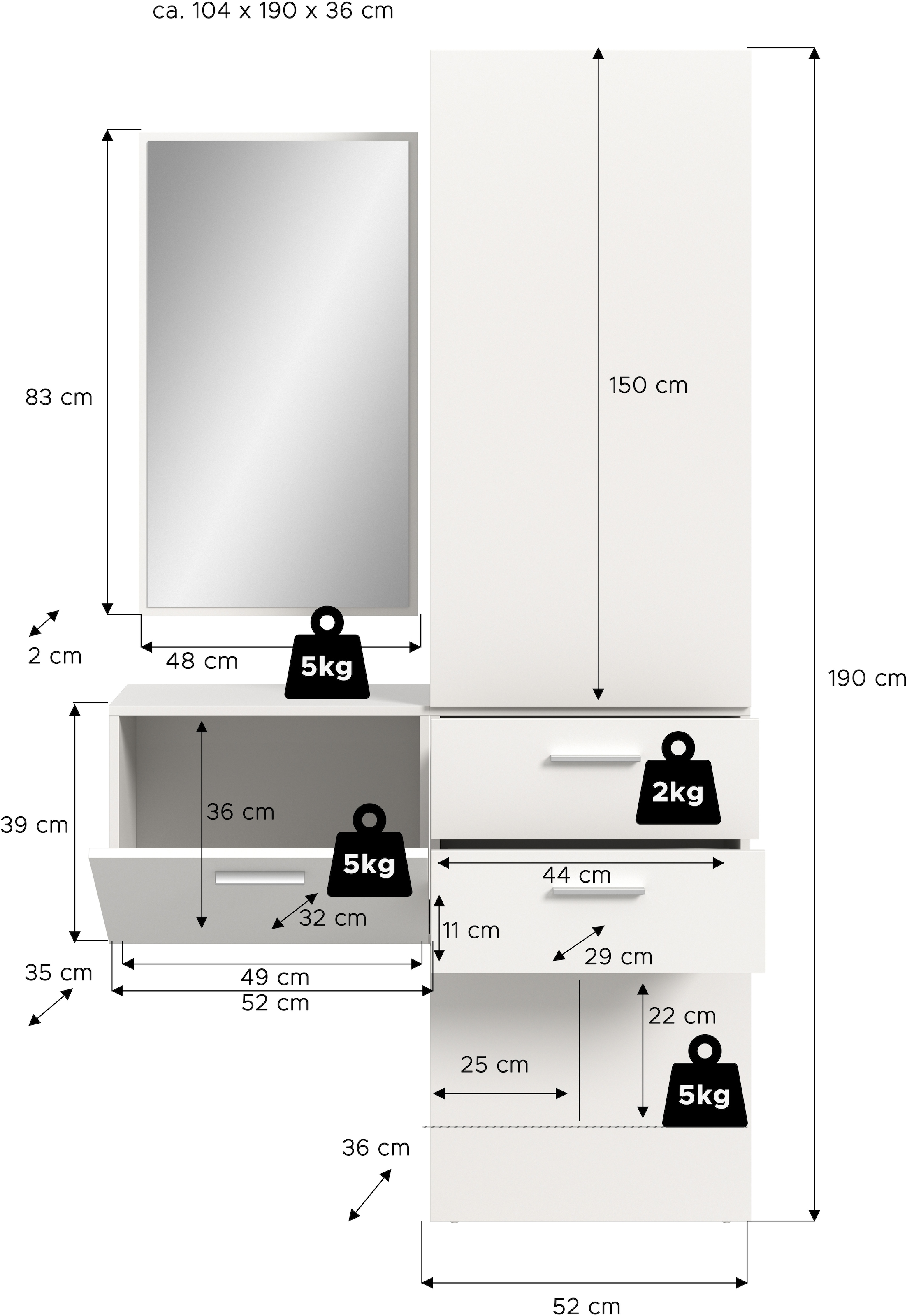 INOSIGN Garderoben-Set, (Set, 3 St.), Lumo, Garderobenset Breite: 104 cm, Spiegel, 2 Schubladen, Flur, Diele