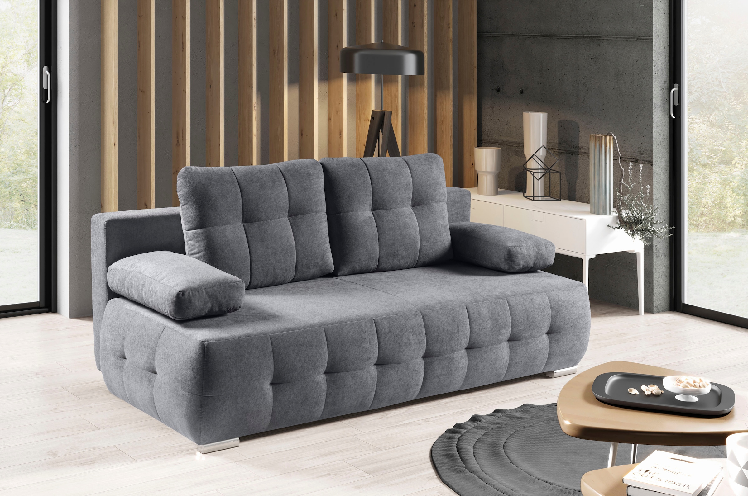 WERK2 Schlafsofa "Indigo 205 cm Bettsofa mit Bettkasten modern und bequem" Luxus-Microfaser weich, Schlaffunktion, Bettkasten