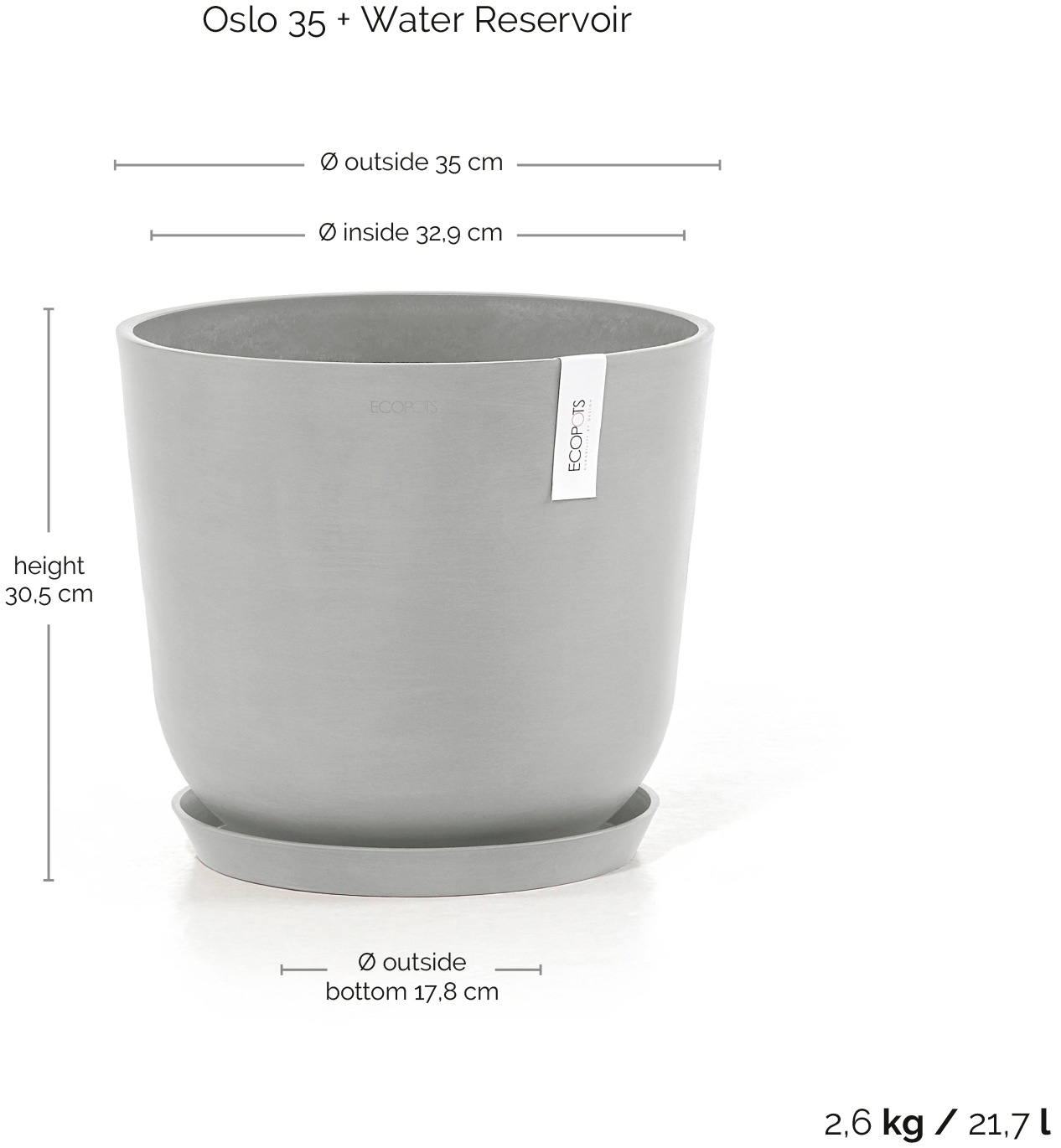 ECOPOTS Blumentopf »Oslo 35 + Wassersystem Weißgrau«, für innen und außen: frostsicher, bruchsicher und lichtbeständig
