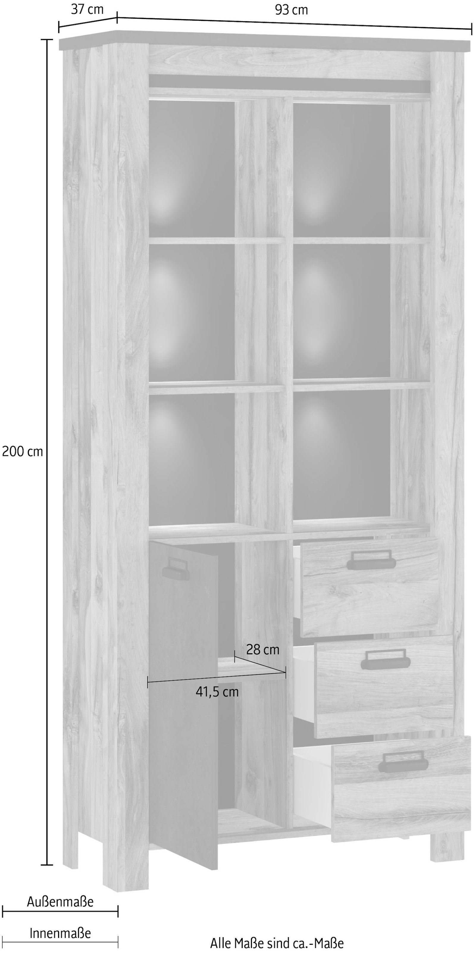Home affaire Vitrine »York, moderner Hochschrank, Schrank in Hunton Oak Dekor«, mit Apothekergriffen aus Metall, Industrialdesign, 200 cm hoch