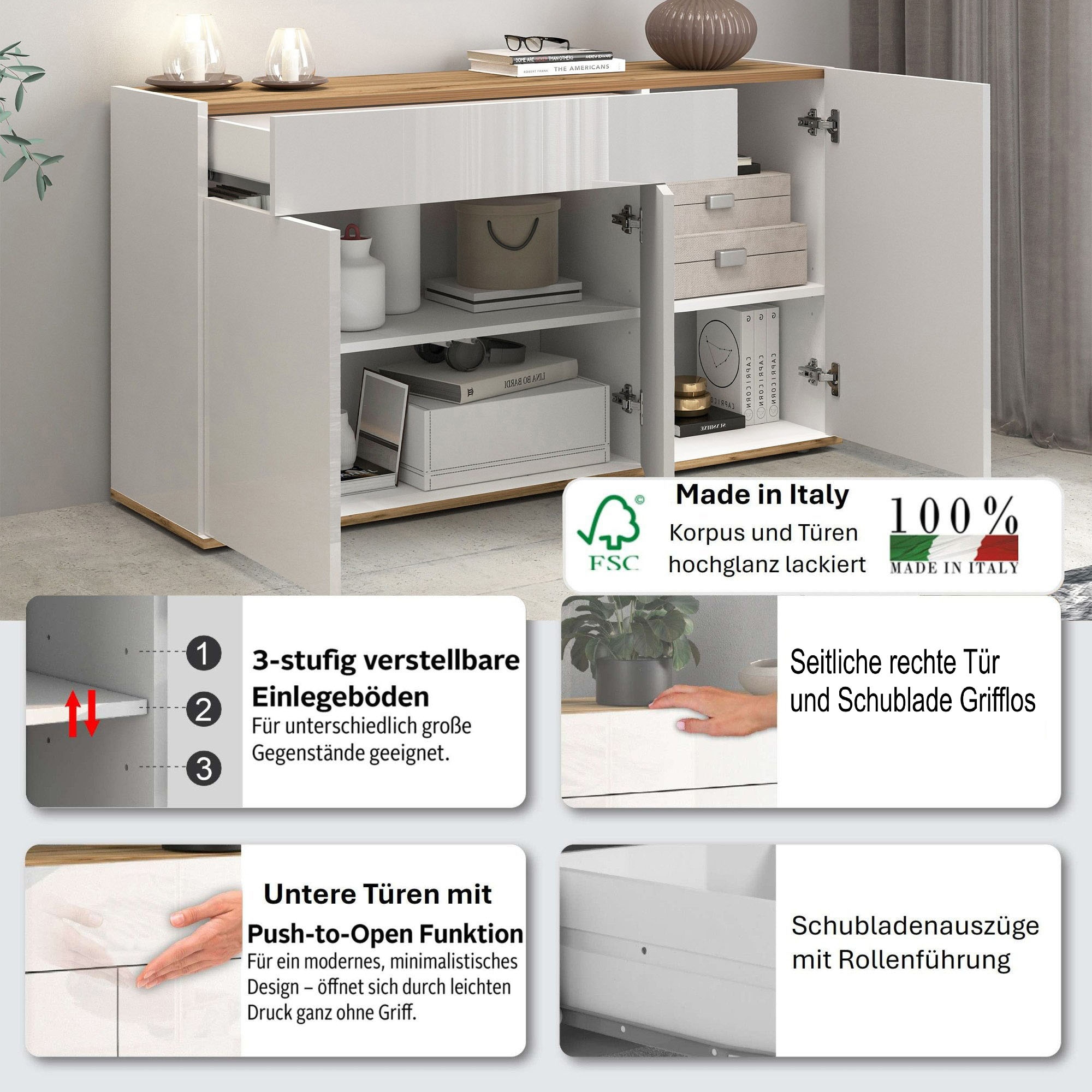 INOSIGN Sideboard »Garda, Kommode, Schrank, Kredenz«, 3 Türen, 1 Schublade, grifflos Breite 120,1 cm