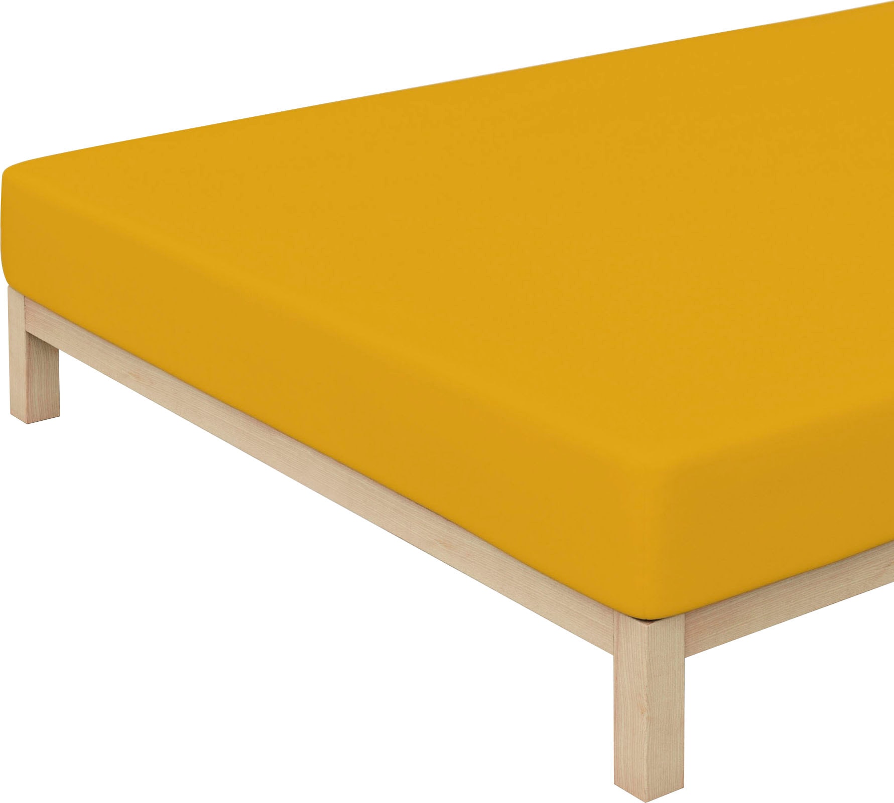 Spannbettlaken SCHLAFGUT, gelb, Mako-Zwirn-Jersey, Obermaterial: 95% Baumwolle, 5% Elasthan, Bettlaken, "Premium", Zero Waste Verpackung, PREMIUM