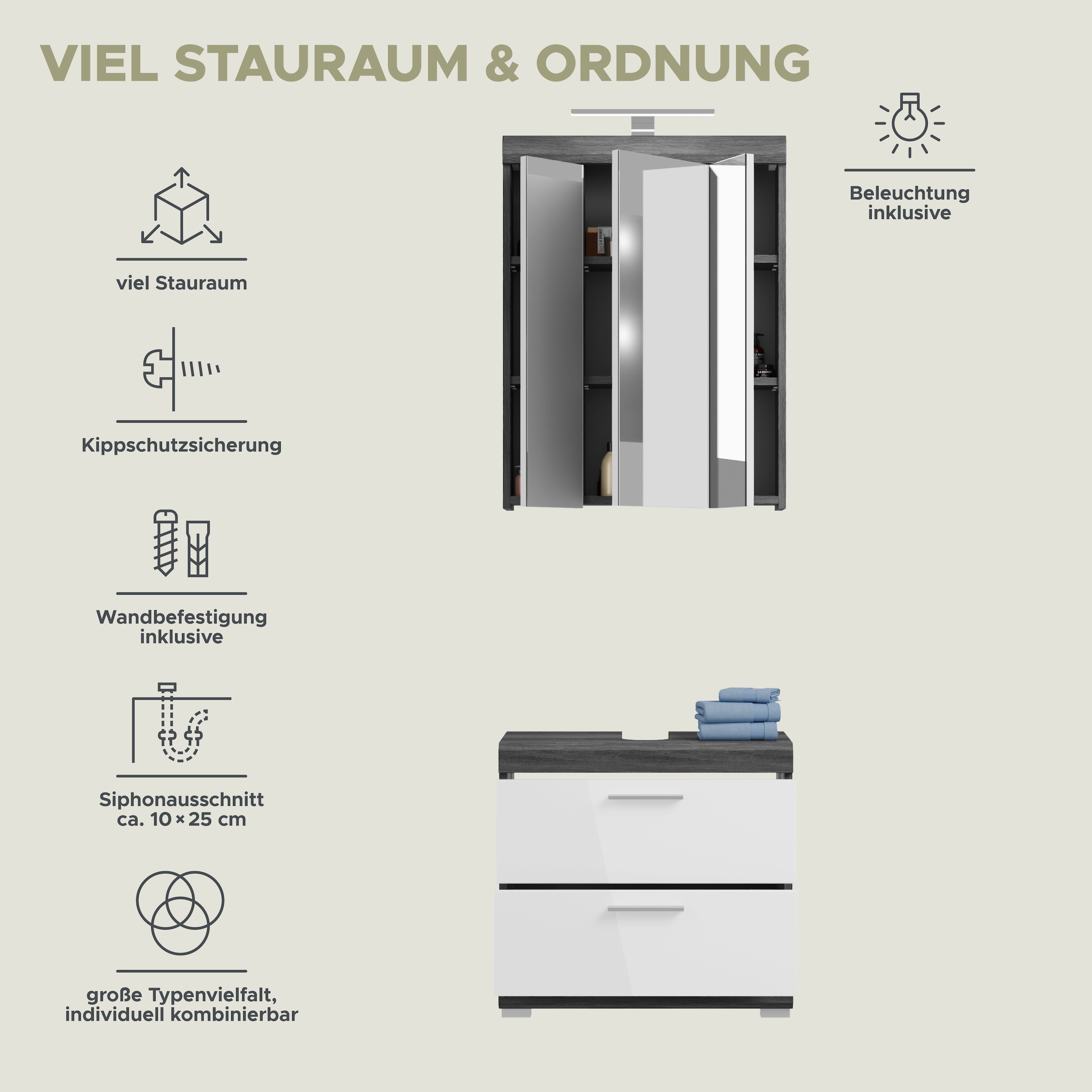 INOSIGN Badmöbel-Set »Siena, 2 teilig, inklusive LED Beleuchtung, bestehend aus:«, (Set, 2 St.), Waschbeckenunterschrank, Spiegelschrank, LED Badaufsatzleuchte