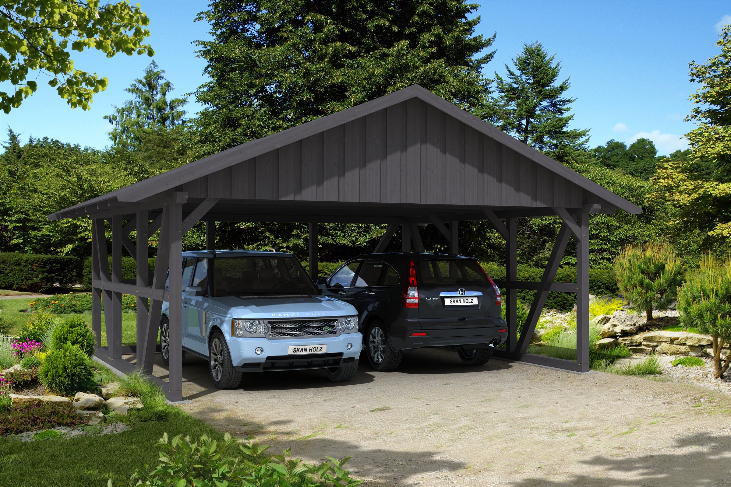 Skanholz Doppelcarport »Schwarzwald«, KVH-Fichte, 560 cm, Schiefergrau, mit Rückwand, mit Dachschalung