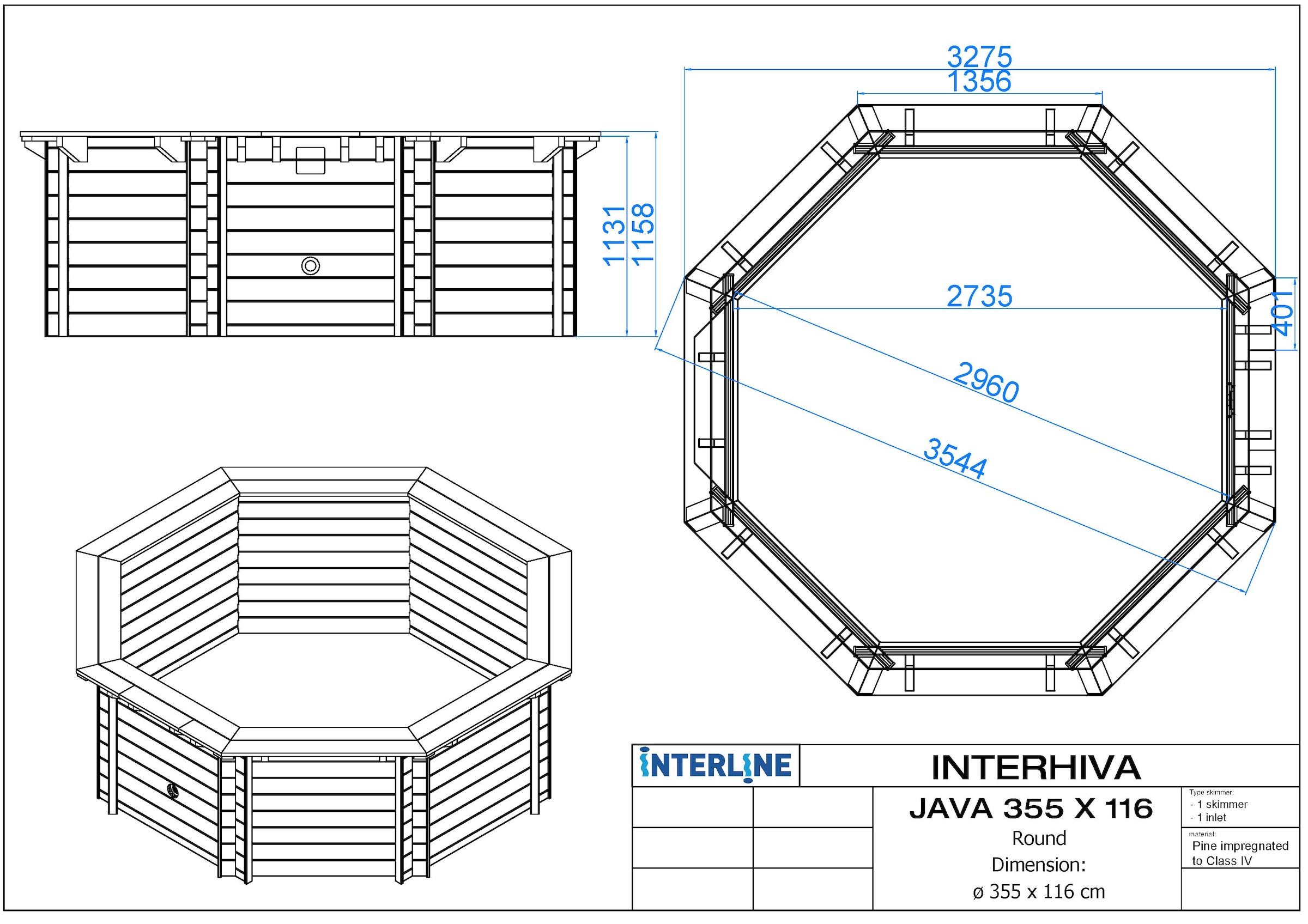 Interline Achteckpool »JAVA mit 45 mm starken Holzbohlen aus skandinavischer Kiefer«, (Komplett-Set, 8 tlg., inkl. Wärmepumpe und weiterem Zubehör), ØxH: 355x116 cm