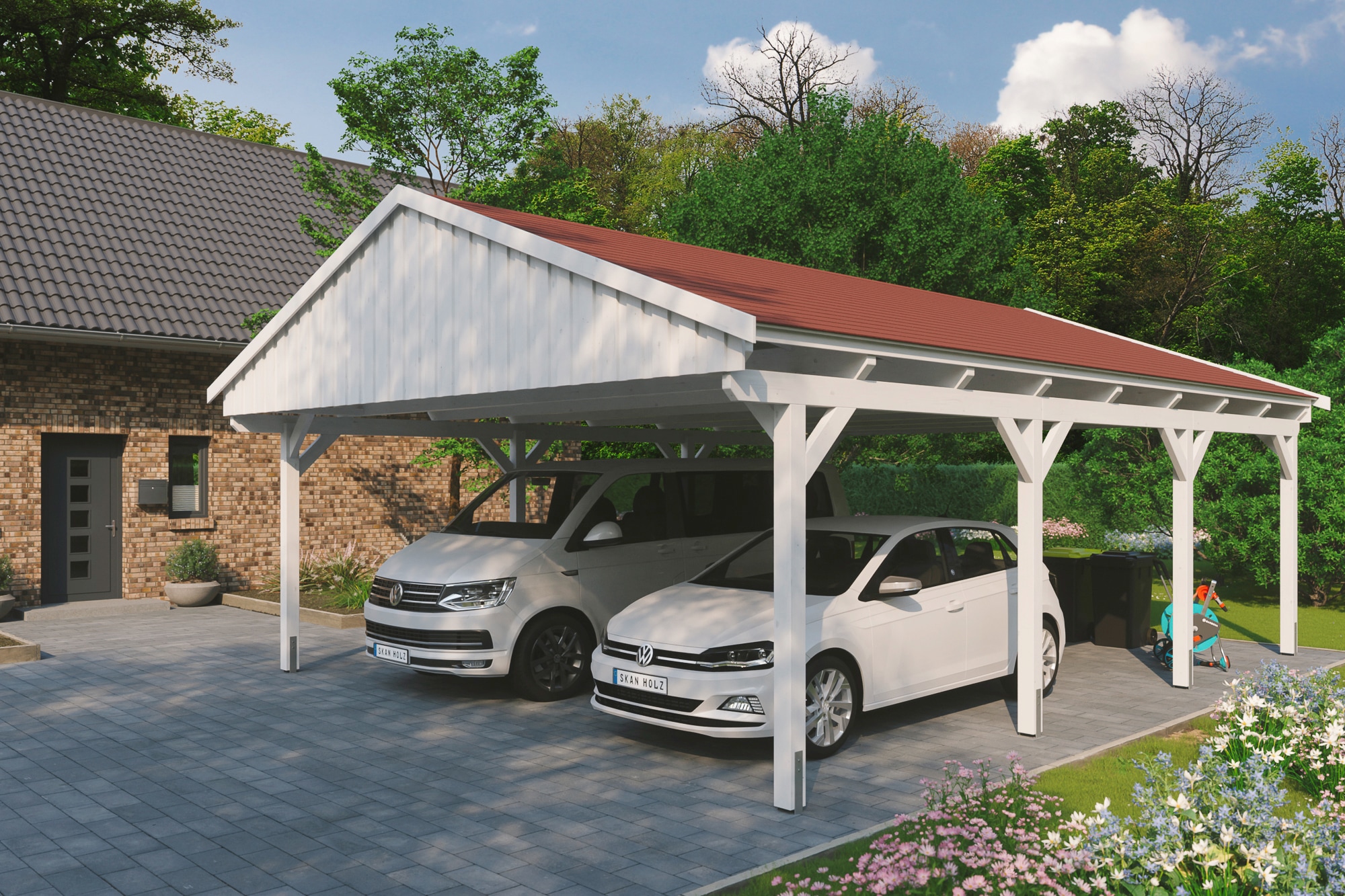 Skanholz Doppelcarport "Fichtelberg" Leimholz weiß mit roten Schindeln