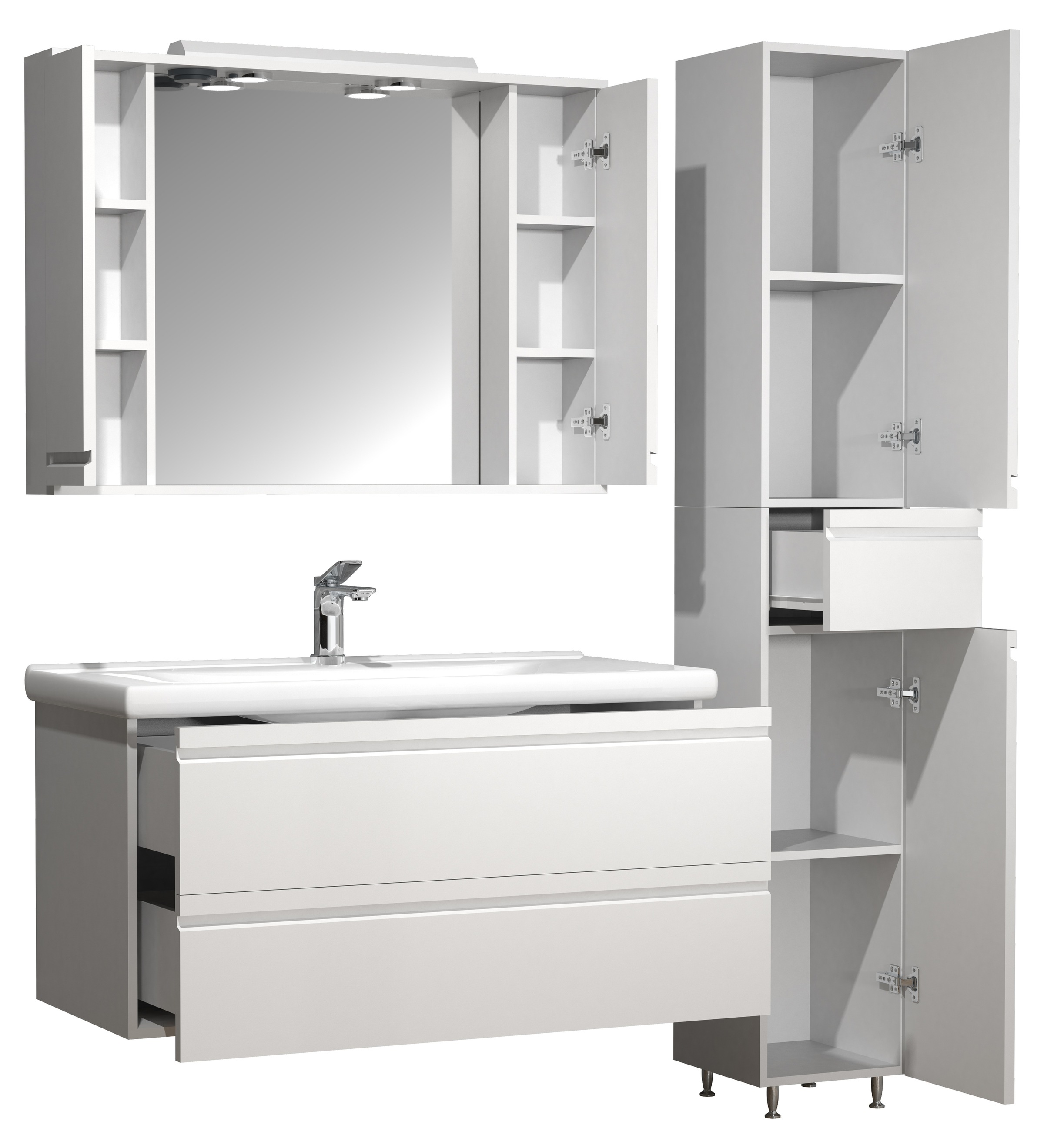 VCM Waschbeckenunterschrank »VCM 4-tlg. Waschplatz Waschtisch 100 cm Badmöbel Set Waschbecken grifflose Schublade Spiegelschrank Hochschrank Silora XL« 4 Stk. tlg.