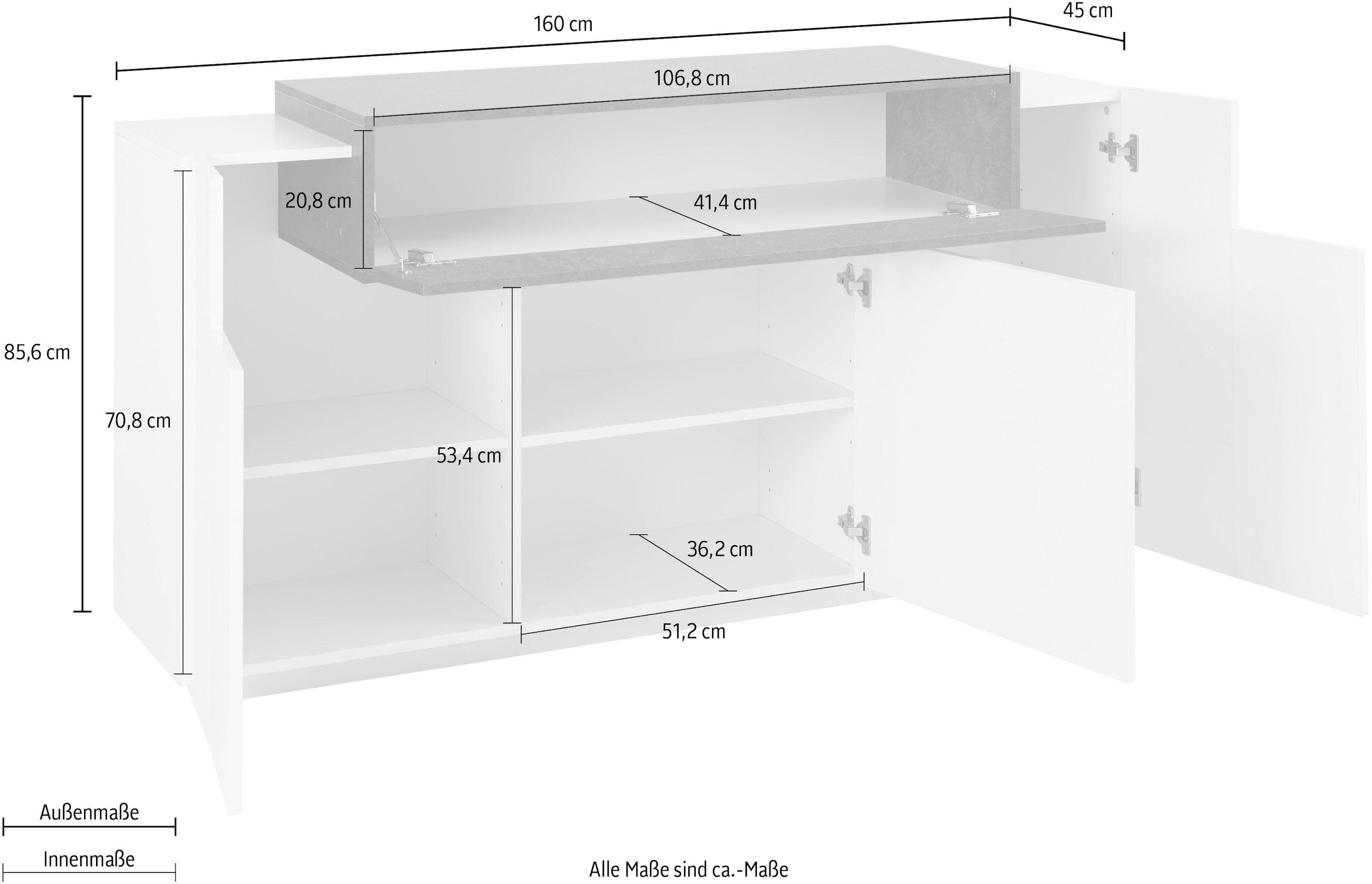 INOSIGN Sideboard »Coro, Kommode, Schrank, Kredenz, grifflos mit Einlegeböden«, mit 1 klappe, 3 Türen, Doppeltiefe B/T/H 160x45x85,6cm