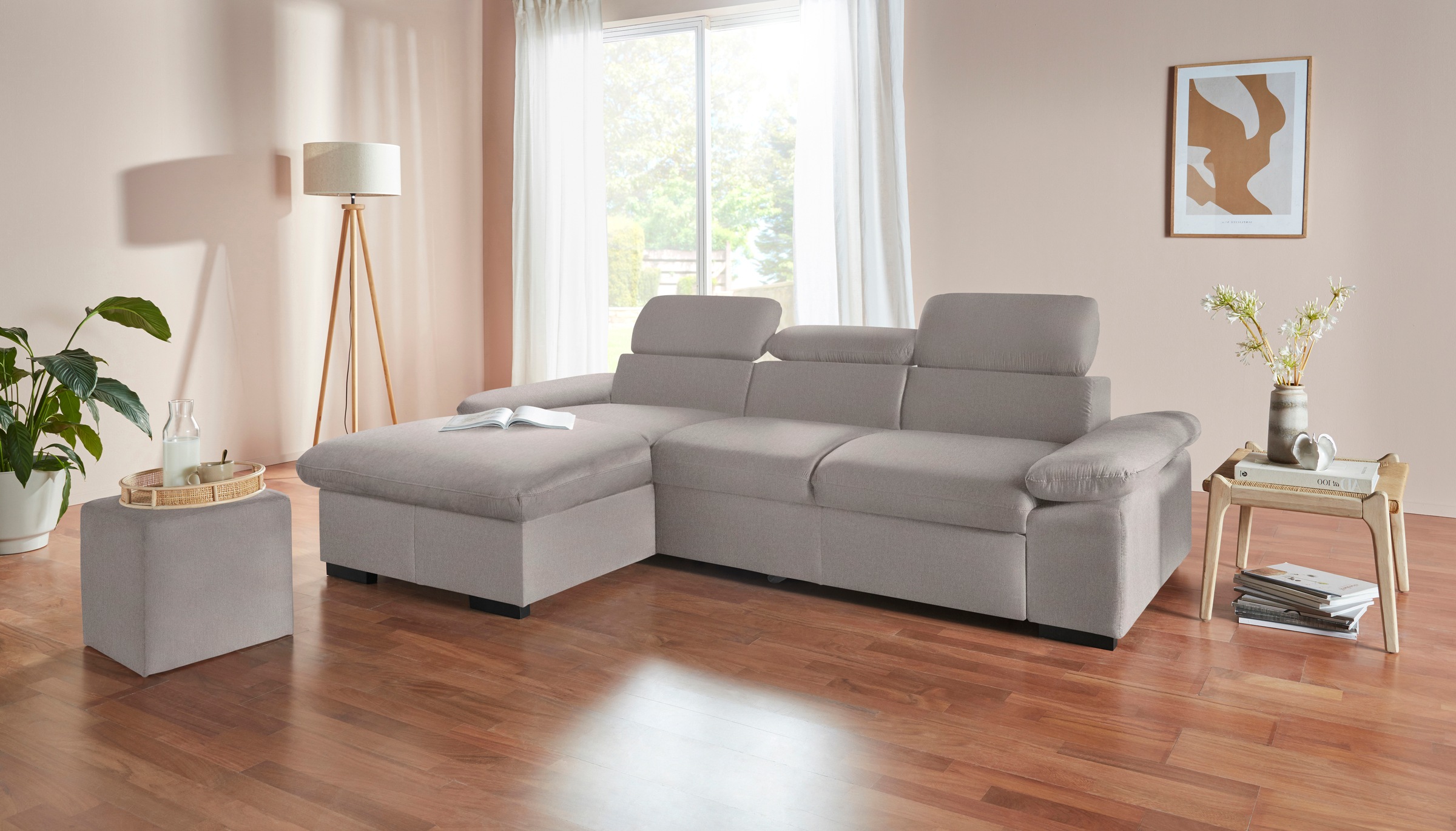 COTTA Ecksofa »Lola L-Form mit Kopfteilfunktion & Hocker«, (Set, mit Hocker), wahlweise mit Bettfunktion, Bettkasten & Armteilverstellung