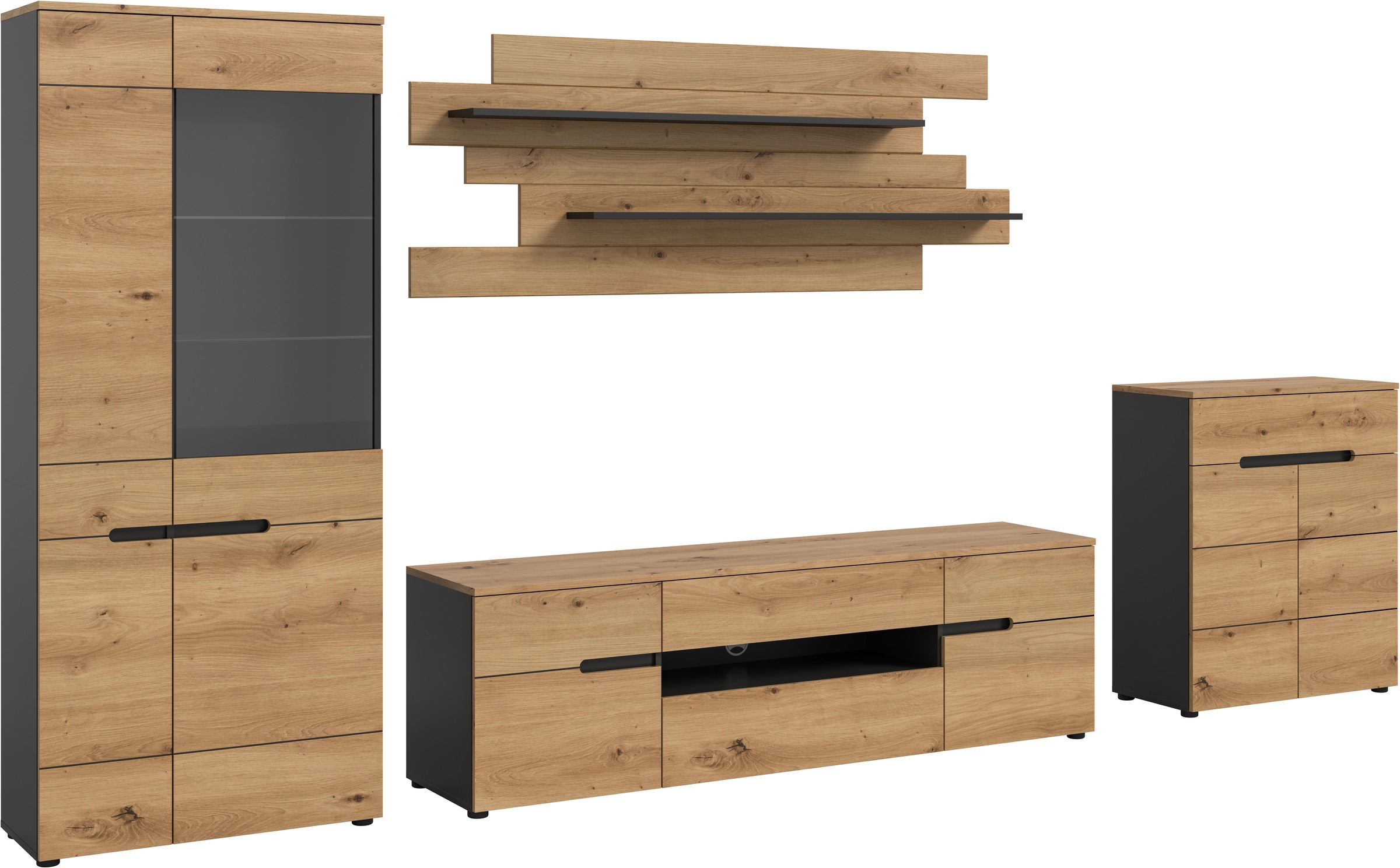 INOSIGN Wohnwand »REHAT, TOPSELLER!, 4-teilig, Breite 375 cm, individuell stellbar«, (4 St., Set bestehend aus: Vitrine, Lowboard, Wandboard und Kommode), Kombination, Anbauwand, Set, Wohn-Set, Wohnzimmer-Set, Schrankwand