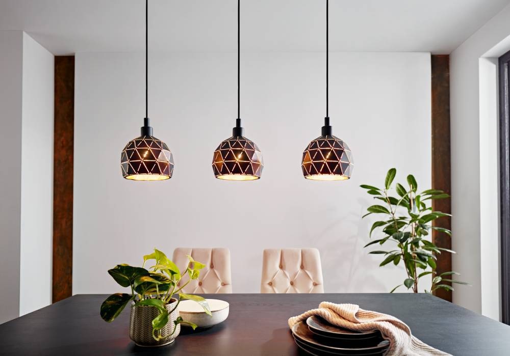 EGLO Hängeleuchte »ROCCAFORTE Pendellampe, Stahl, E27, IP20, Esszimmerlampe, Hängelampe«, 3 flammig, Leuchtmittel E14 | ohne Leuchtmittel, Hängeleuchte - L75 x B17 x H110 cm - schwarz, gold - 3X40W exkl.