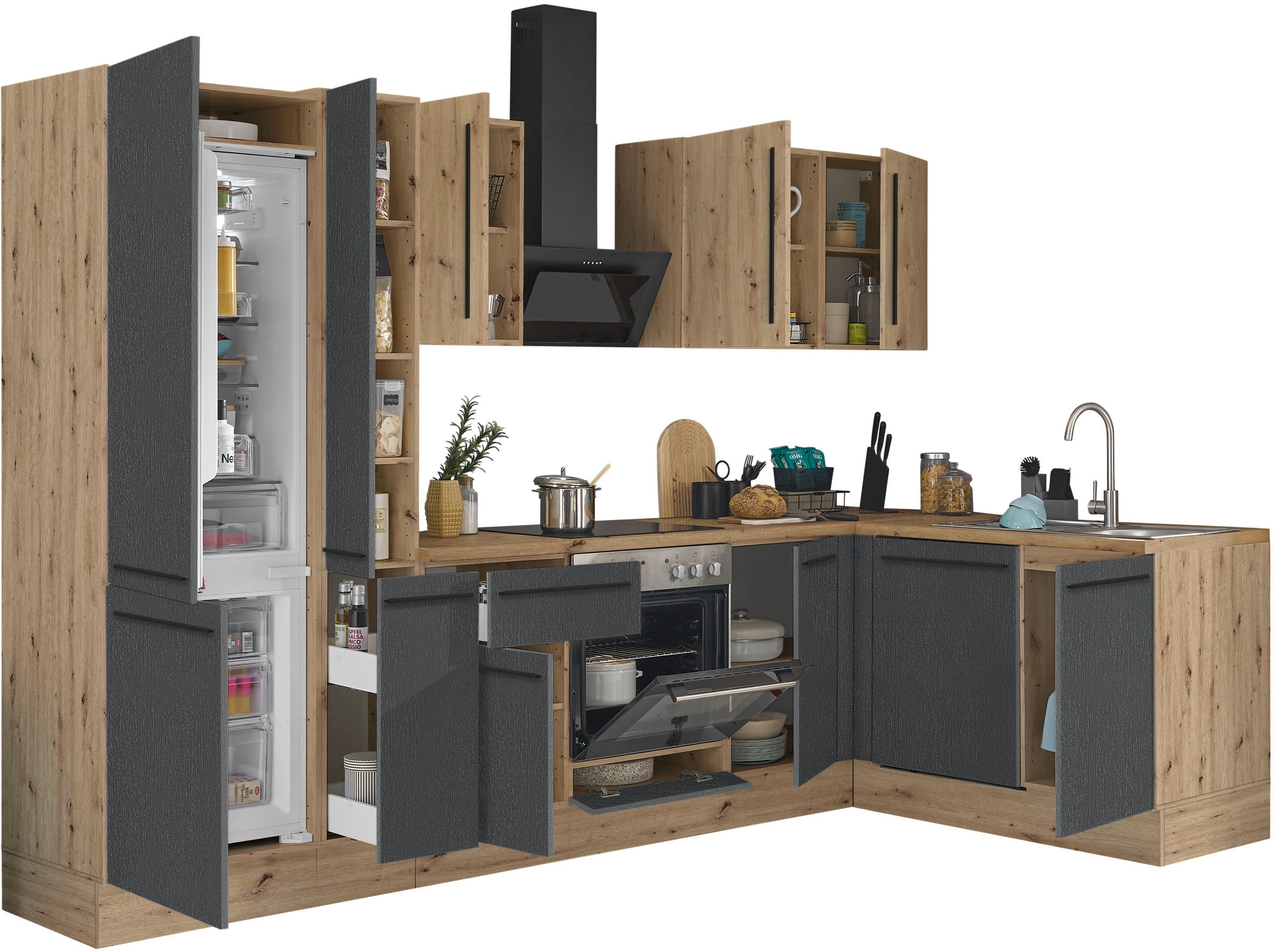 KOCHSTATION Winkelküche »Florida, Stellbreite 310x175 cm« wahlweise mit E-Geräten, mit Softclose für Türen und Schubkästen
