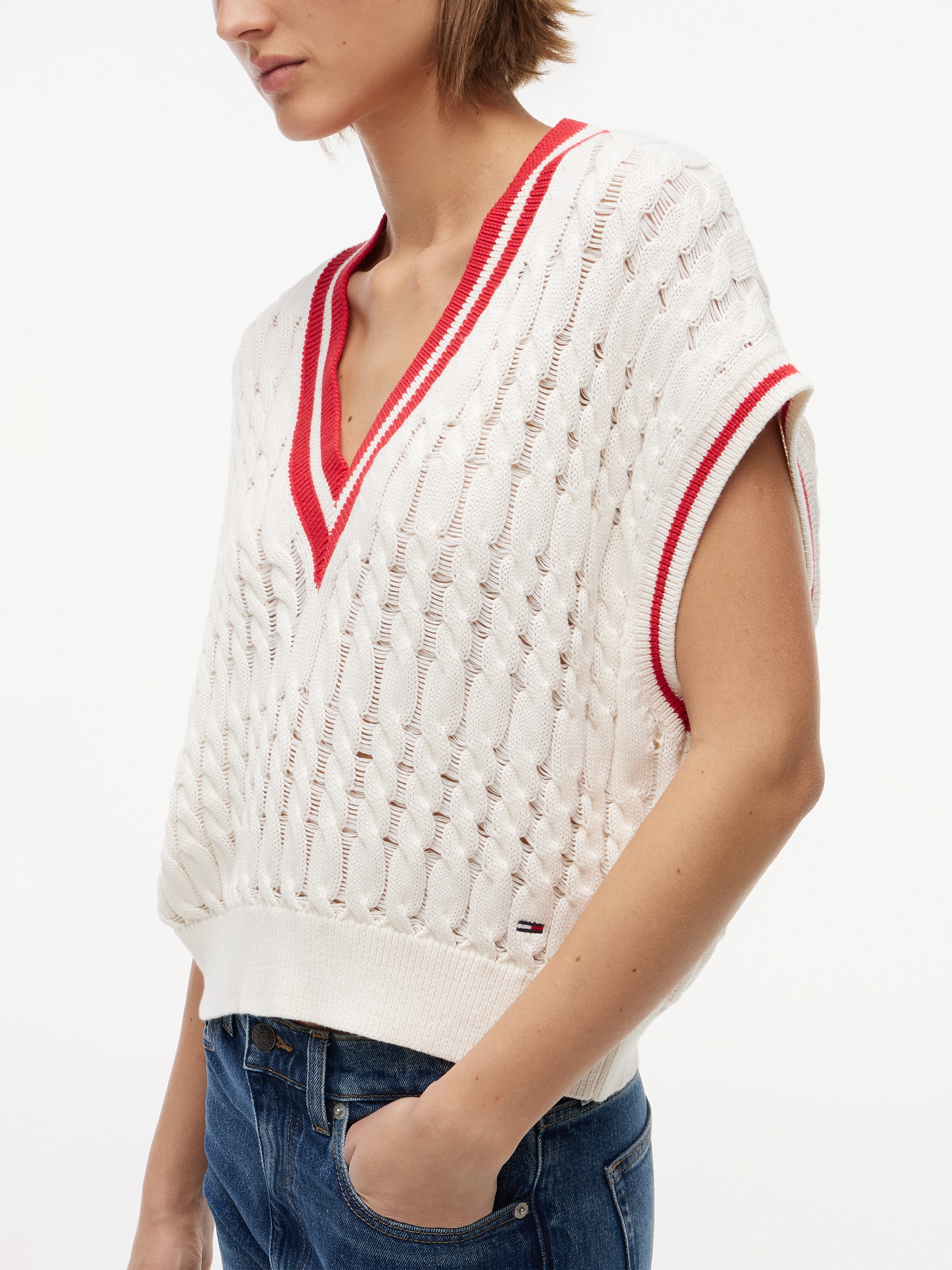 Tommy Jeans Pullunder »TJW TIPPING V NECK CABLE VEST« Baumwolle, mit Zopfmuster