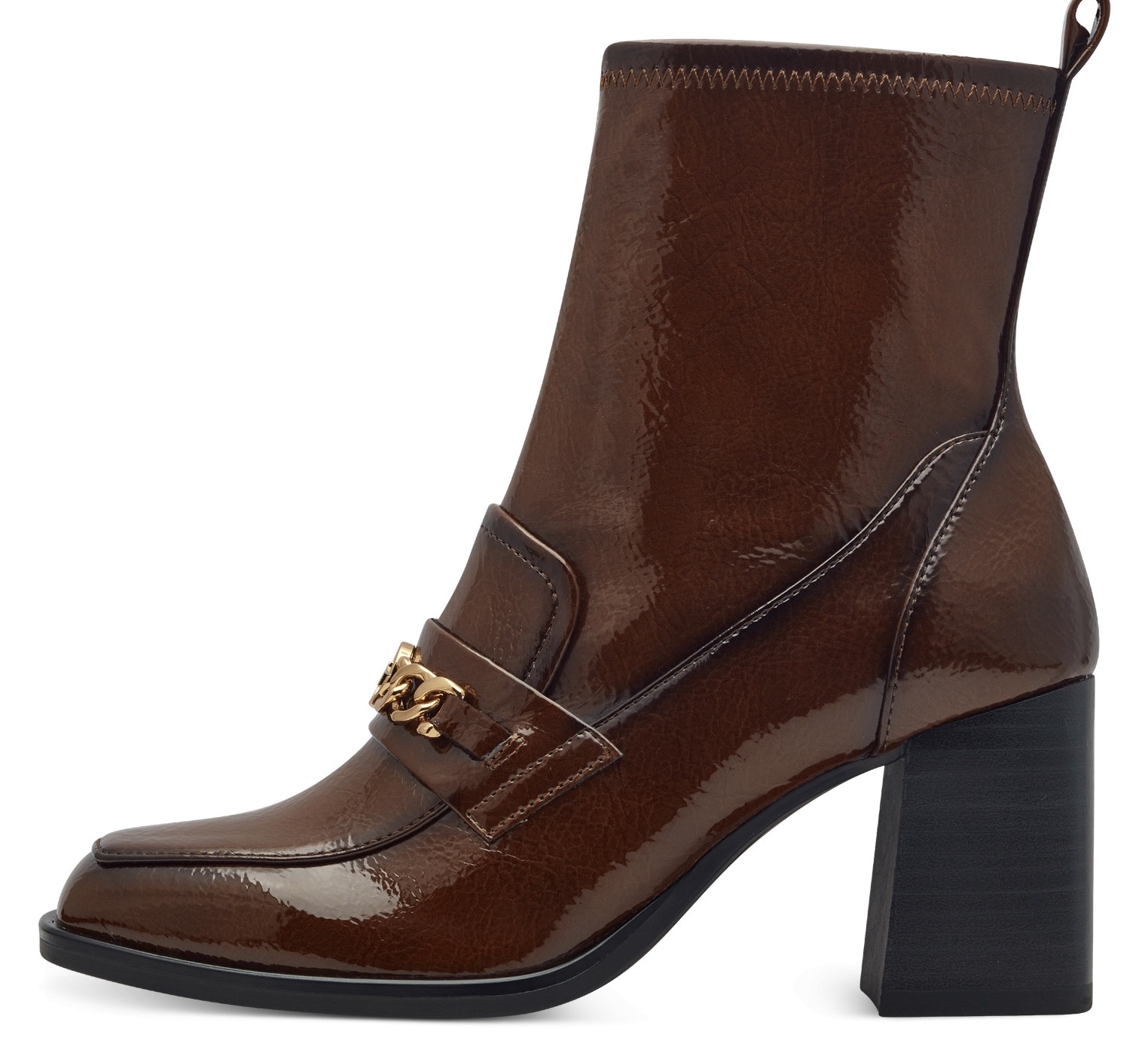 Tamaris Stiefelette, Blockabsatz, Partyschuh mit eleganter Zierkette und Logoemblem