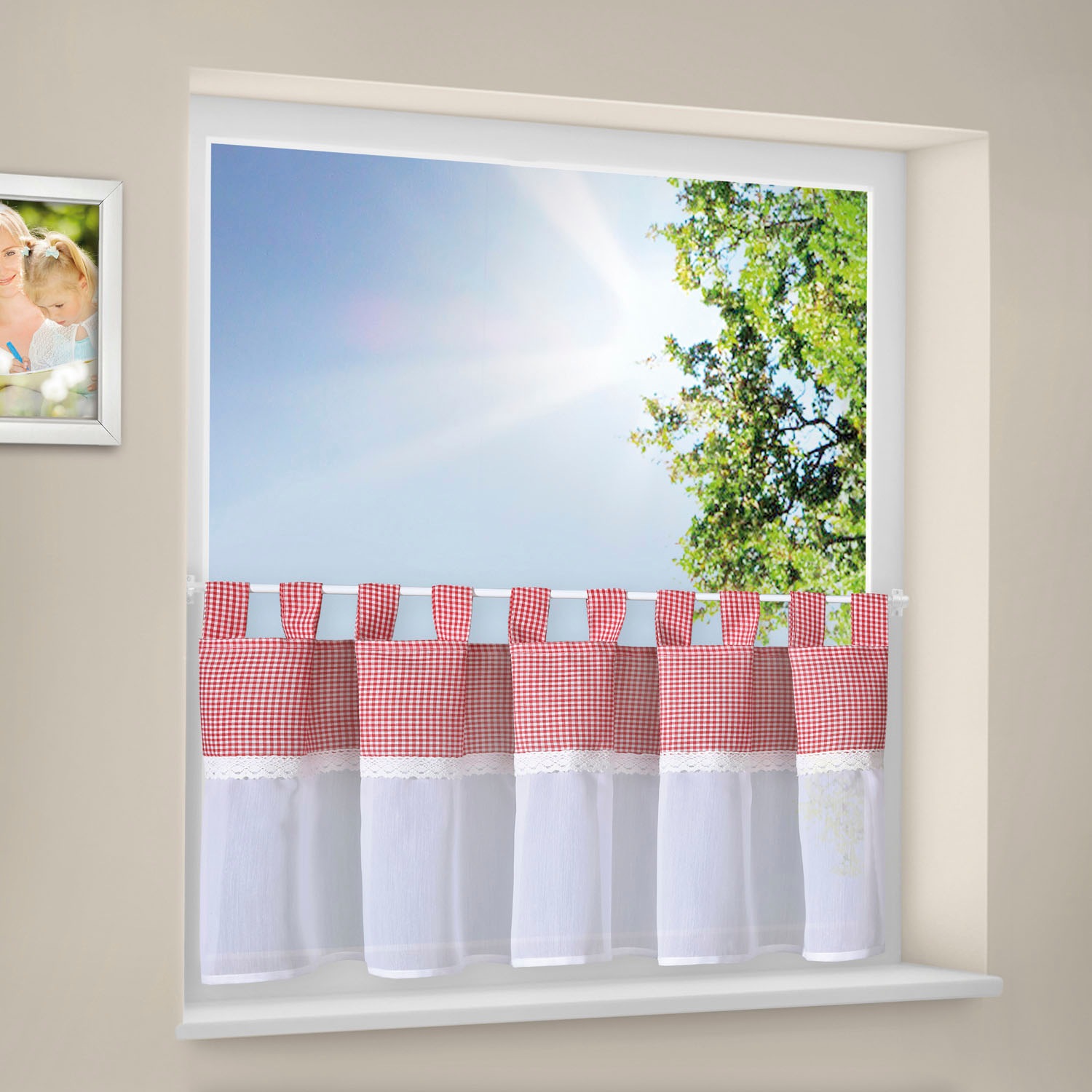 Thumbnail - Gerster Scheibengardine "Bavaria" Schlaufen 1 Stk. tlg. HxB: 50x150, mit Karo-Muster und Spitzenbesatz