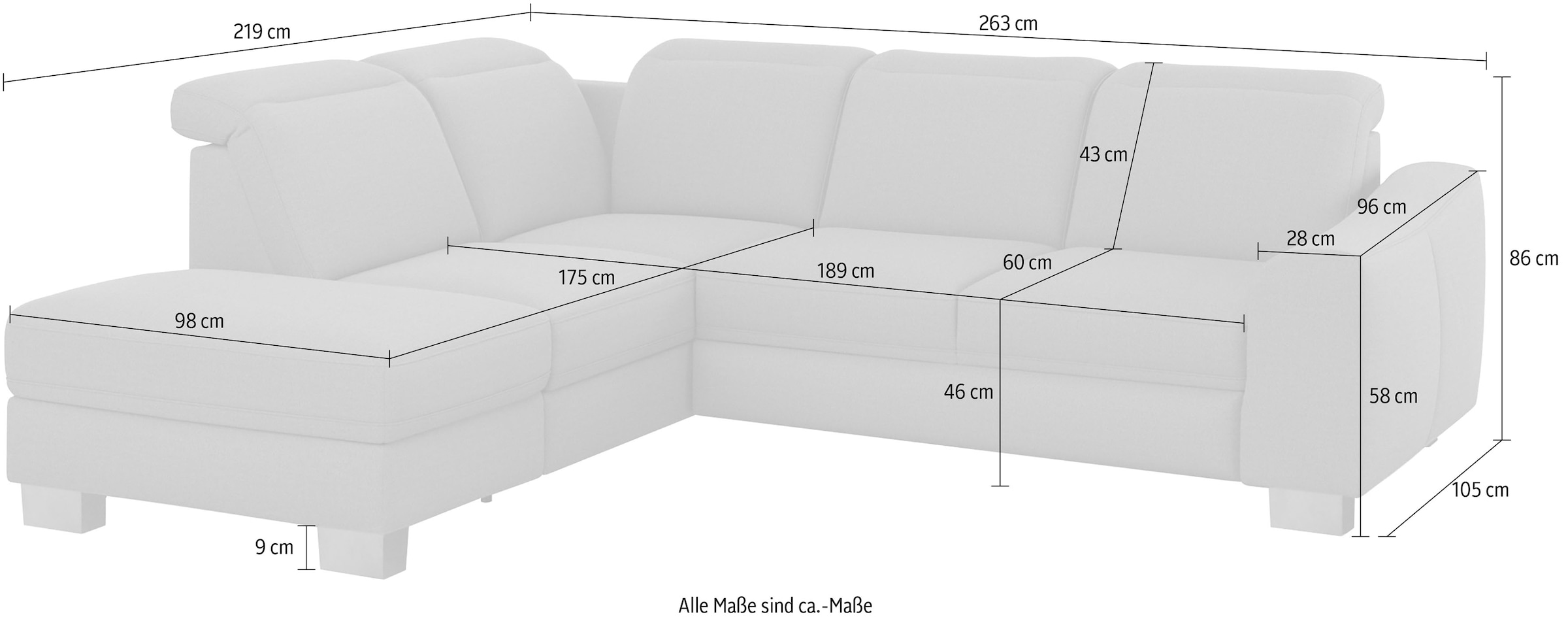 sit&more Ecksofa »Dundee L-Form« mit Federkern und Edelstahlfüßen, wahlweise mit Kopfteilverstellung