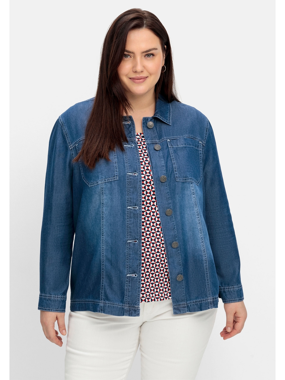 in TENCEL™ kaufen aus ohne Größen«, für | Hemdjacke BAUR »Große Jeans-Optik, Sheego Lyocell Kapuze,