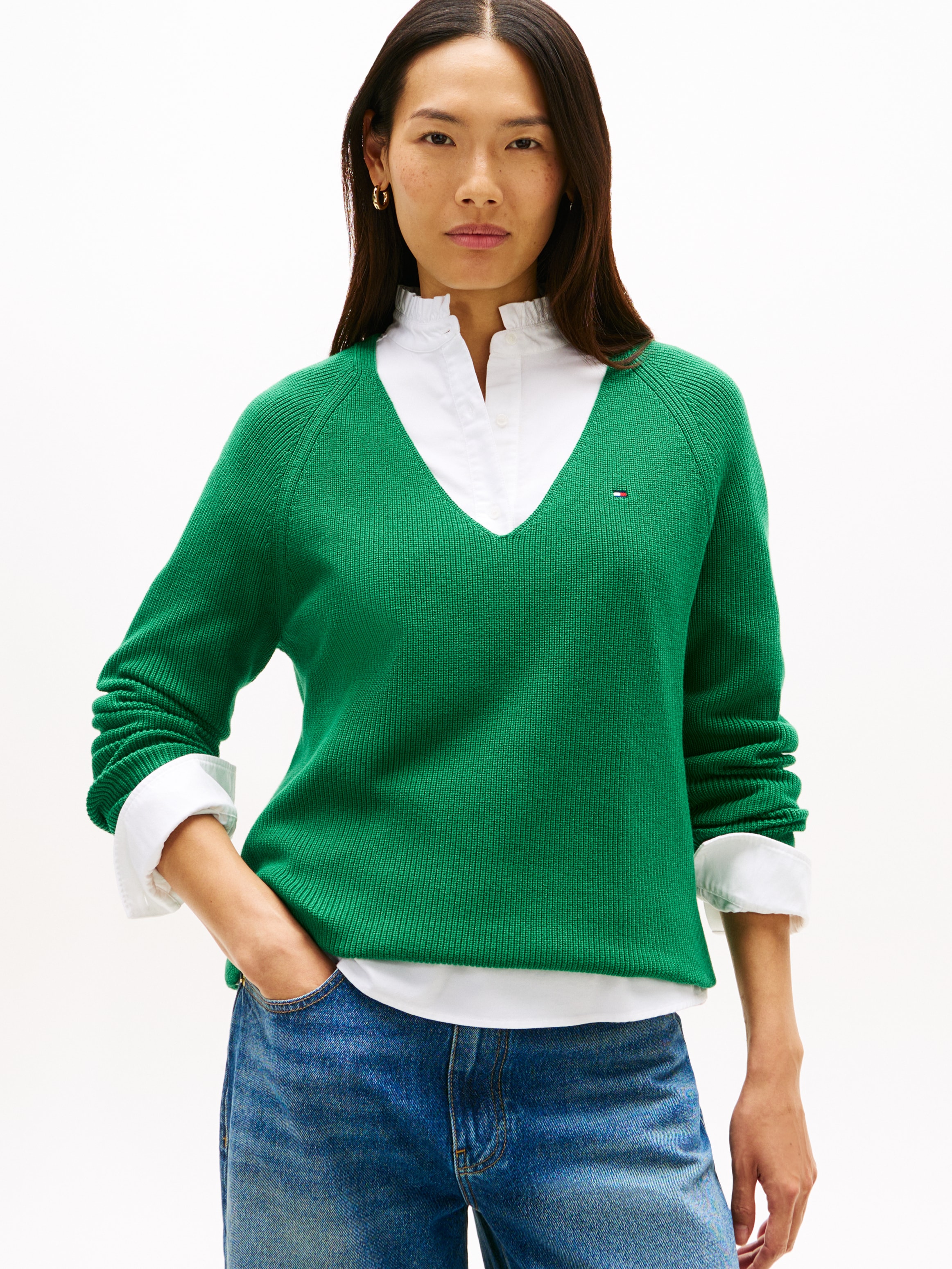 Tommy Hilfiger Strickpullover "CO CARDI STITCH V-NK LS" mit Logostickerei günstig online kaufen