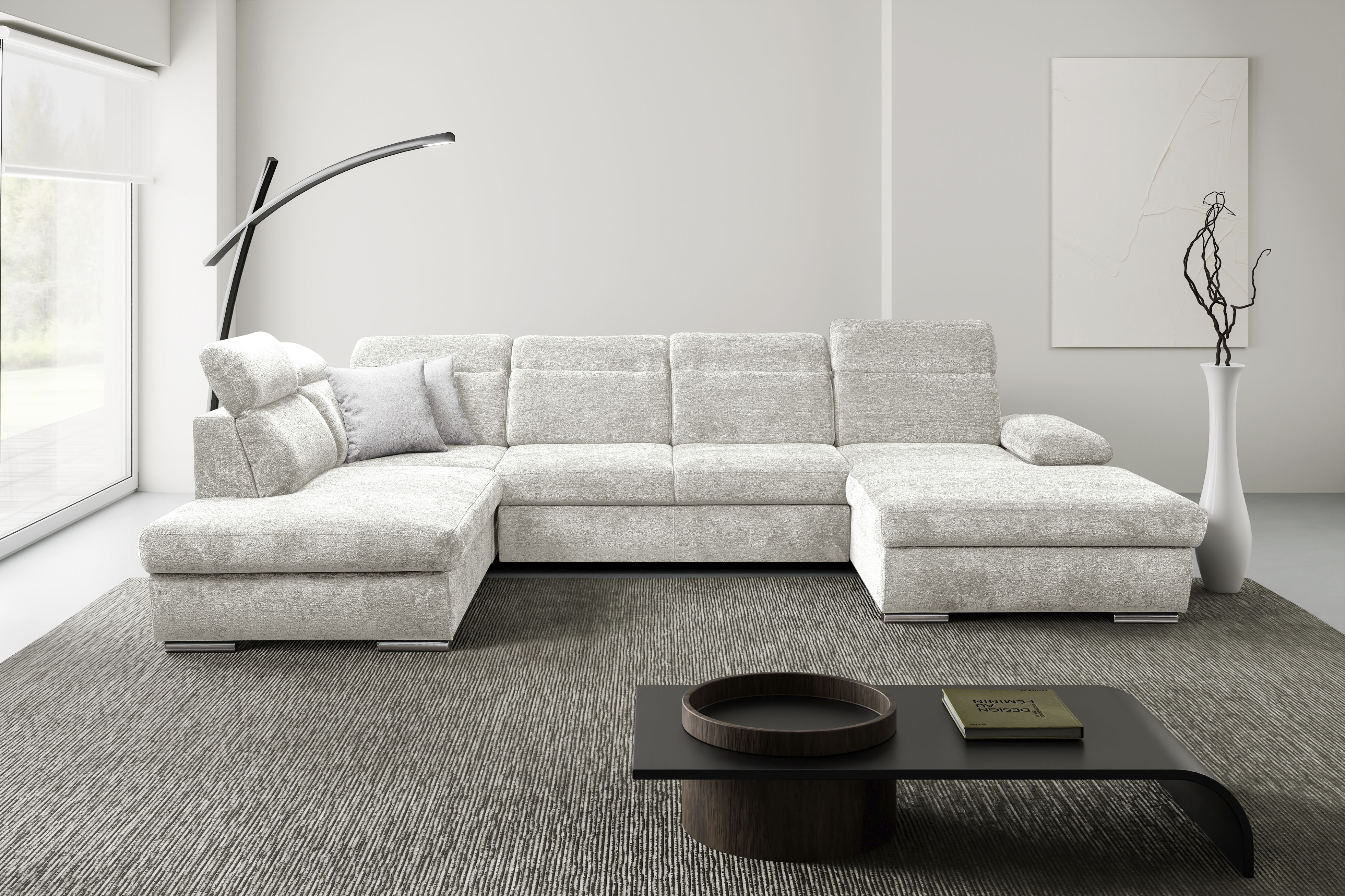 WERK2 Wohnlandschaft "Cordoba 359 x 232 cm inkl. Bett modern und bequem" Struktur weich, U-Form, XXL, Schlaffunktion, Bettkasten
