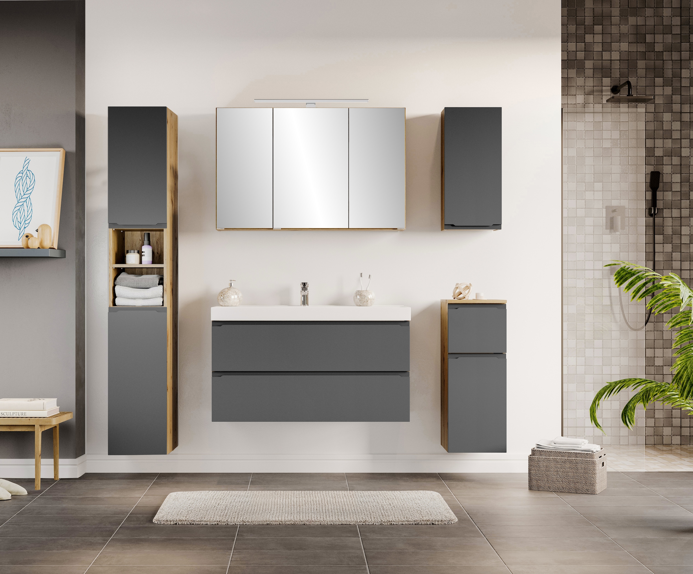 welltime Unterschrank »CABO, gedämpfte Scharniere, Softclose-Auszug« matt grau, griffloses Design, reversibel
