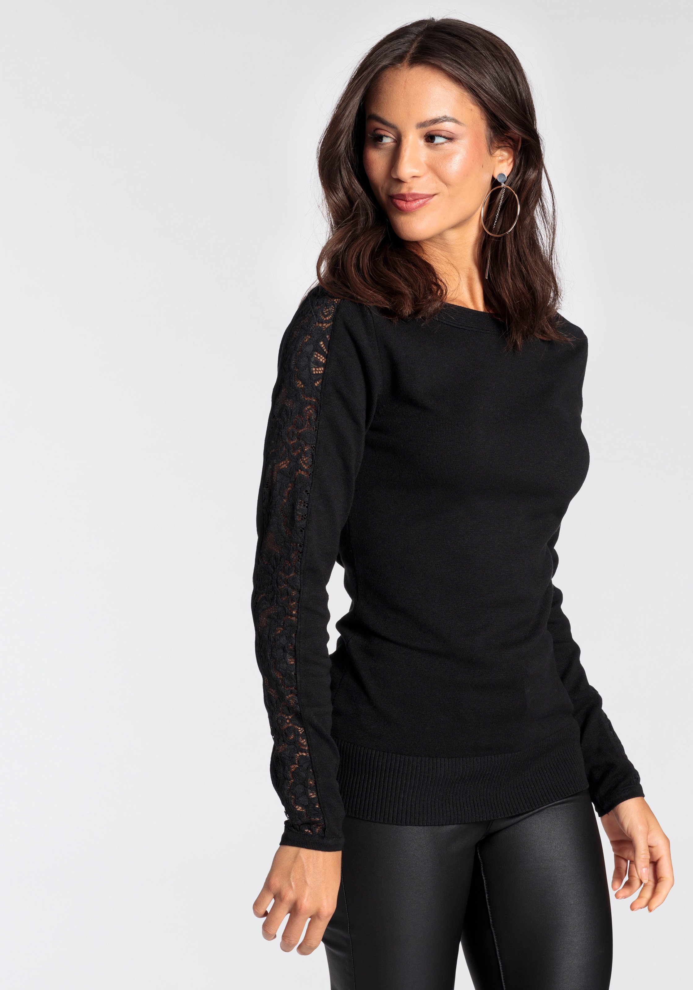 Melrose Strickpullover, mit U-Boot Ausschnitt und Spitzenärmeln günstig online kaufen
