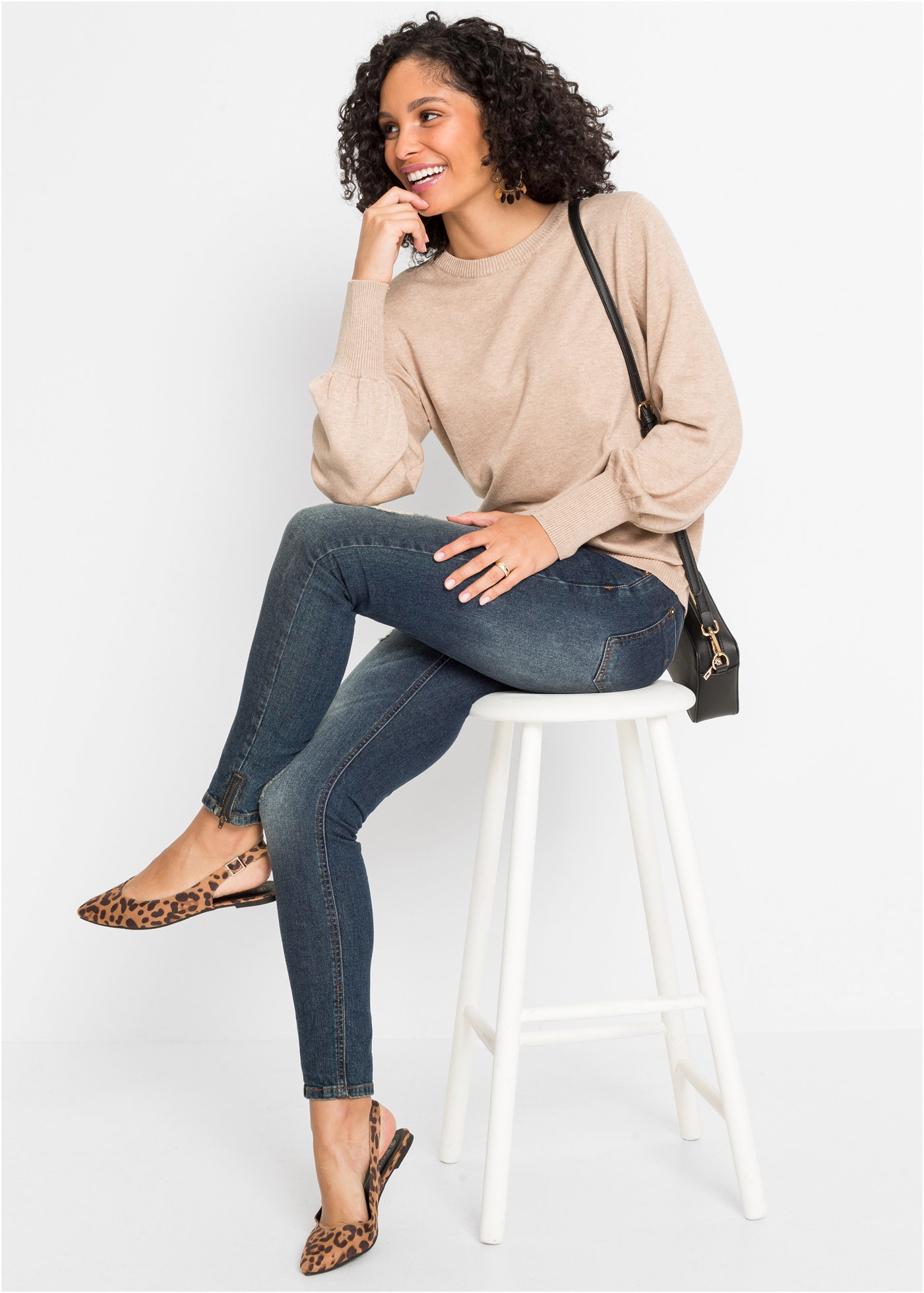 bonprix Strickpullover aus weichem Viskose-Feinstrick, mit Ballon-Ärmeln mit breiten Bündchen